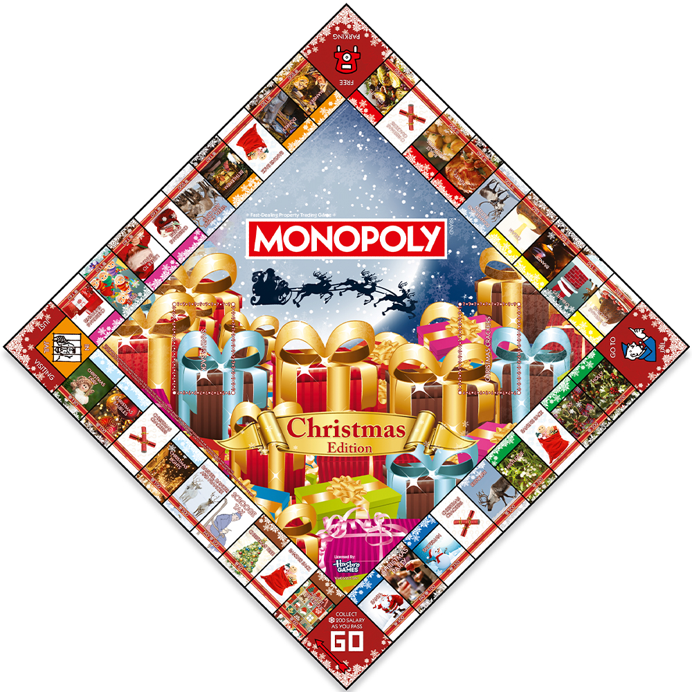 Gioco da tavolo Monopoly Edizione Natale con regali e slitta di Babbo Natale.
