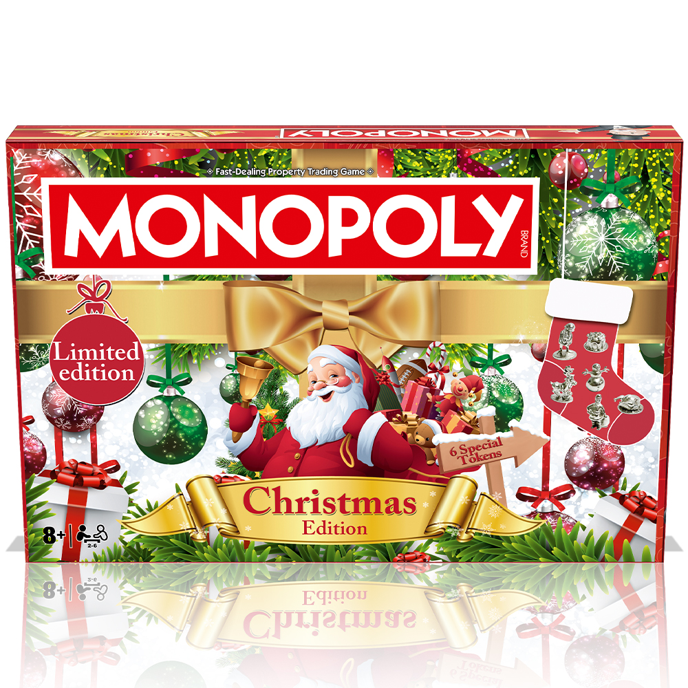 Scatola del gioco Monopoly di Natale con Babbo Natale, regali, ornamenti e testo 'Edizione Limitata'.