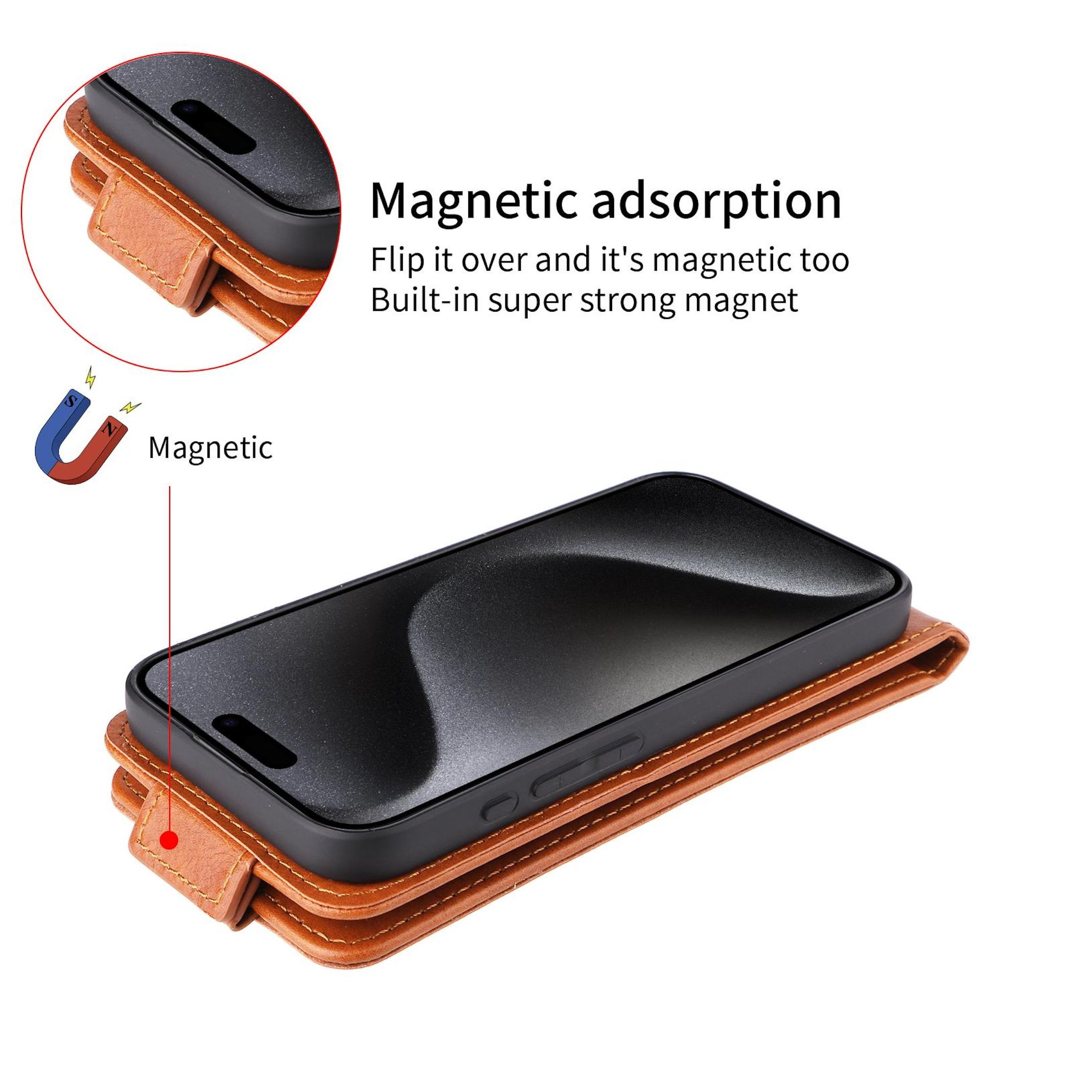 Ein braunes Lederetui mit einem schwarzen Telefon und einem Magneten.