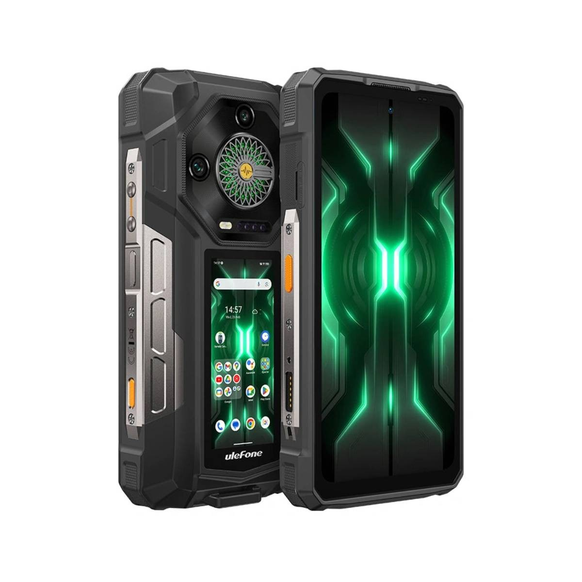 Dwa wytrzymałe smartfony obok siebie, jeden z widocznym wentylatorem i kamerami.