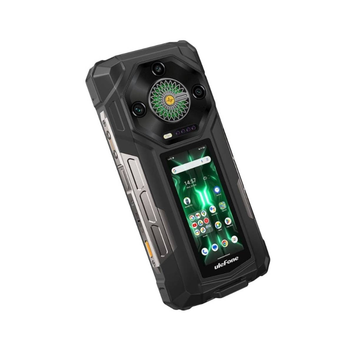 Czarny, wytrzymały smartfon z aparatami i ekranem.