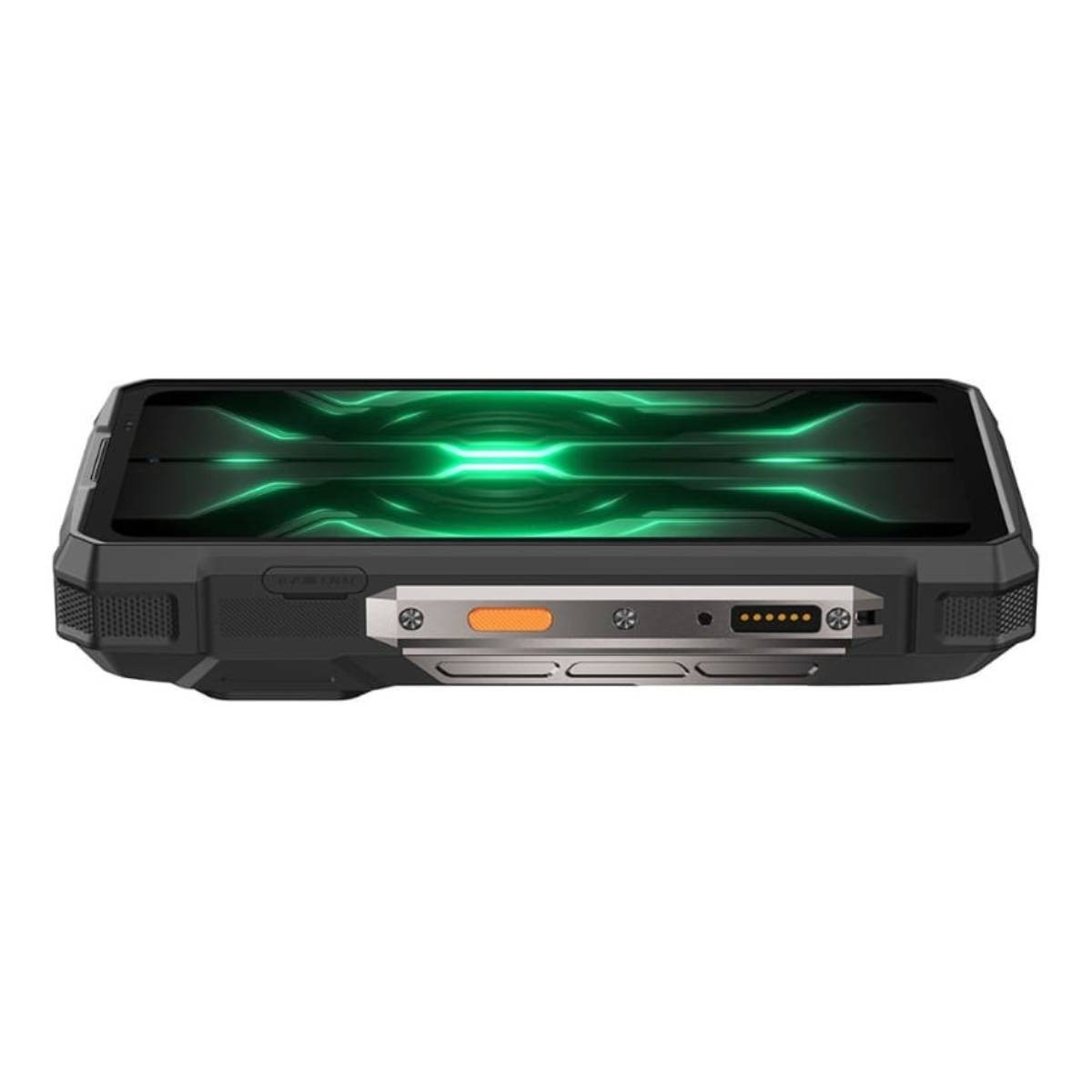 Wytrzymały czarny smartfon z zieloną tapetą i srebrnymi przyciskami po bokach.