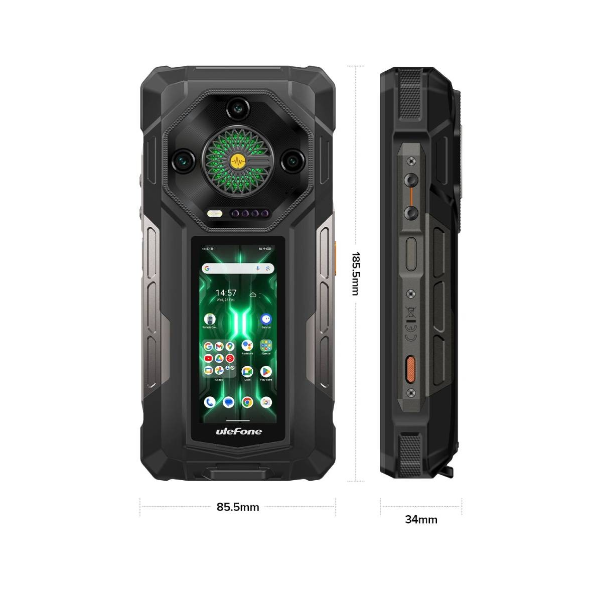 Wytrzymały smartfon z aparatami, ekranem i przyciskami bocznymi. Podano wymiary.