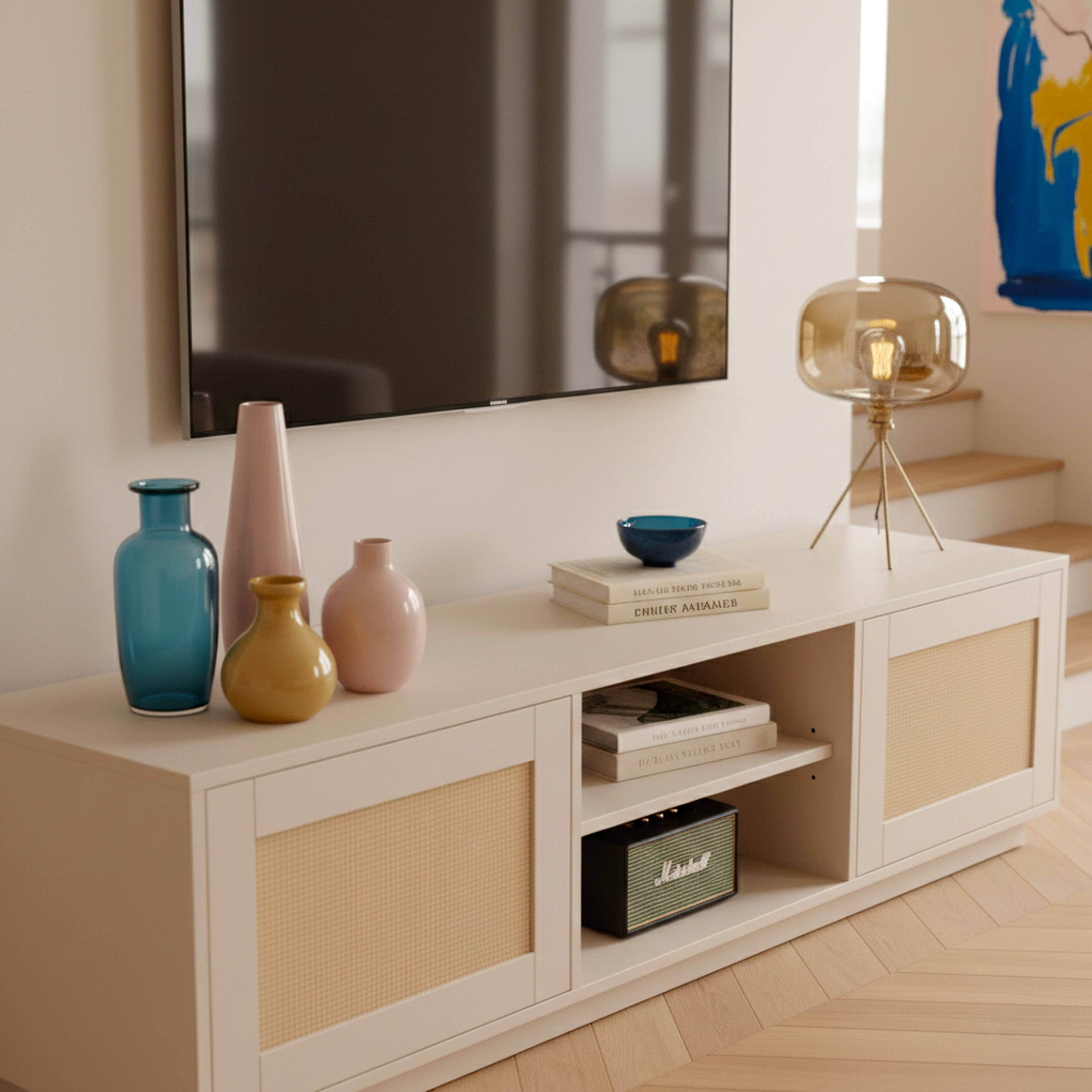 Ein TV-Möbel mit Dekoartikeln, darunter Vasen, Bücher und eine Lampe.