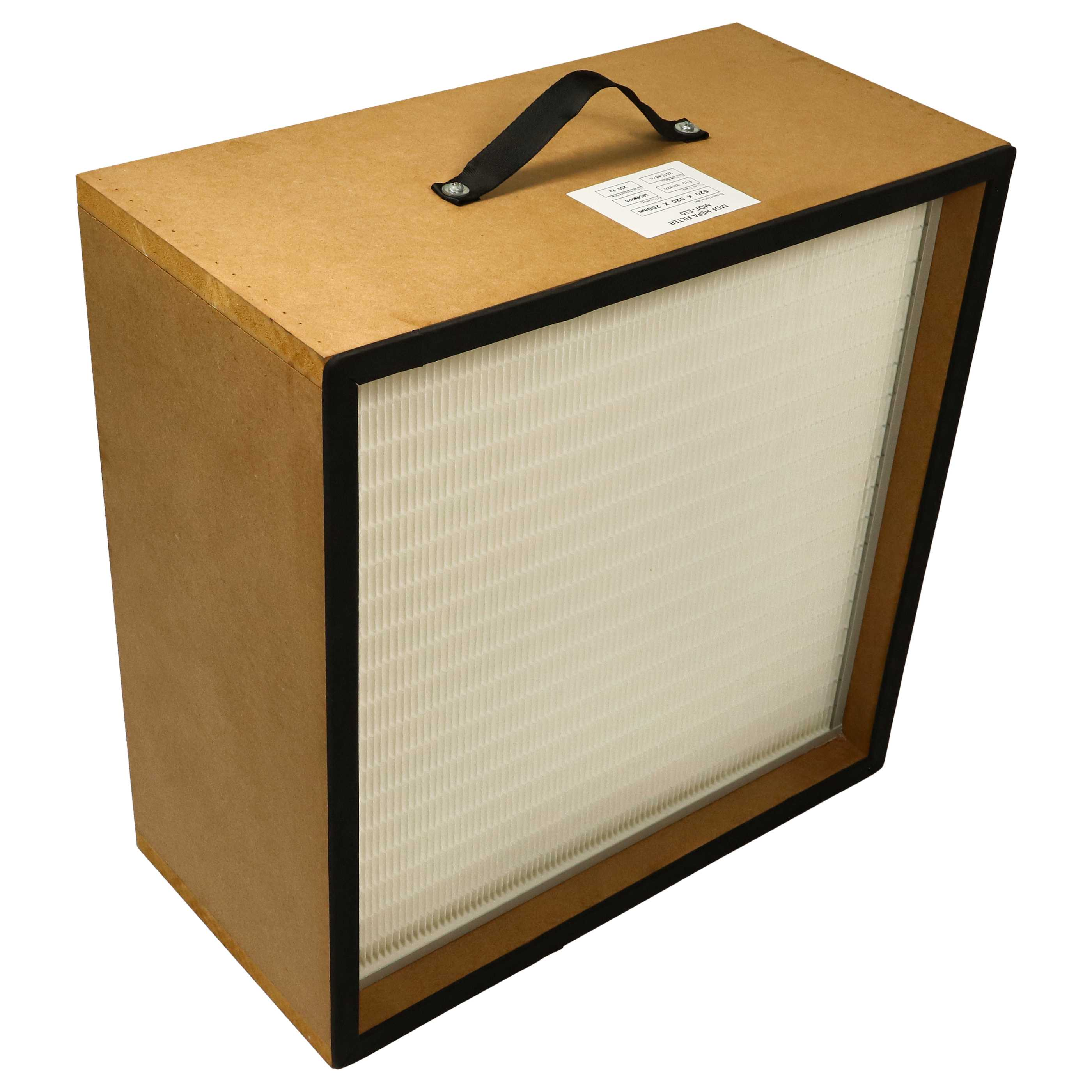 Ein MDF HEPA-Filter, 520x520x250mm, mit schwarzem Griff und Etikett.