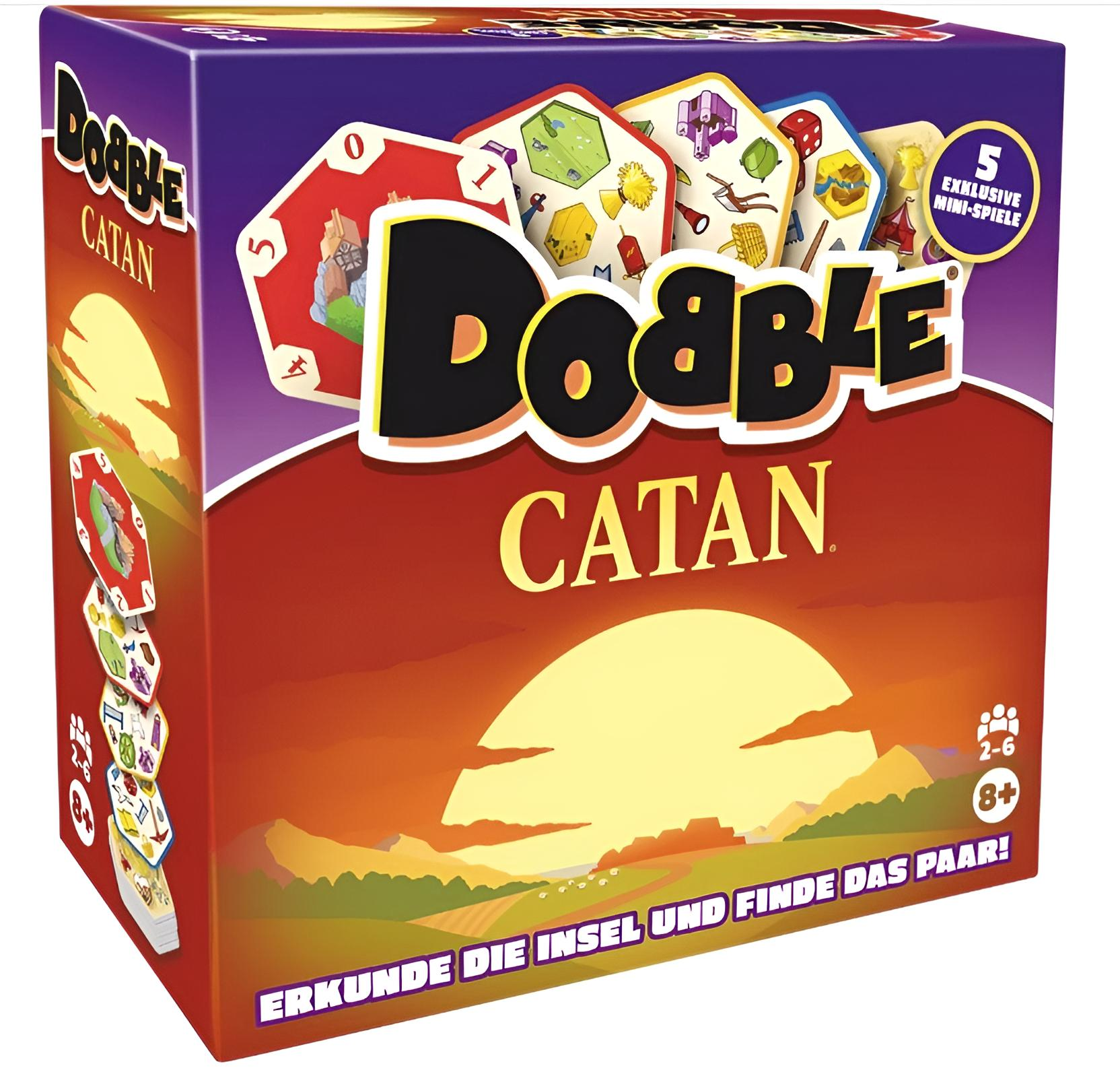 Dobble Catan Spielschachtel mit untergehender Sonne und Landschaft.