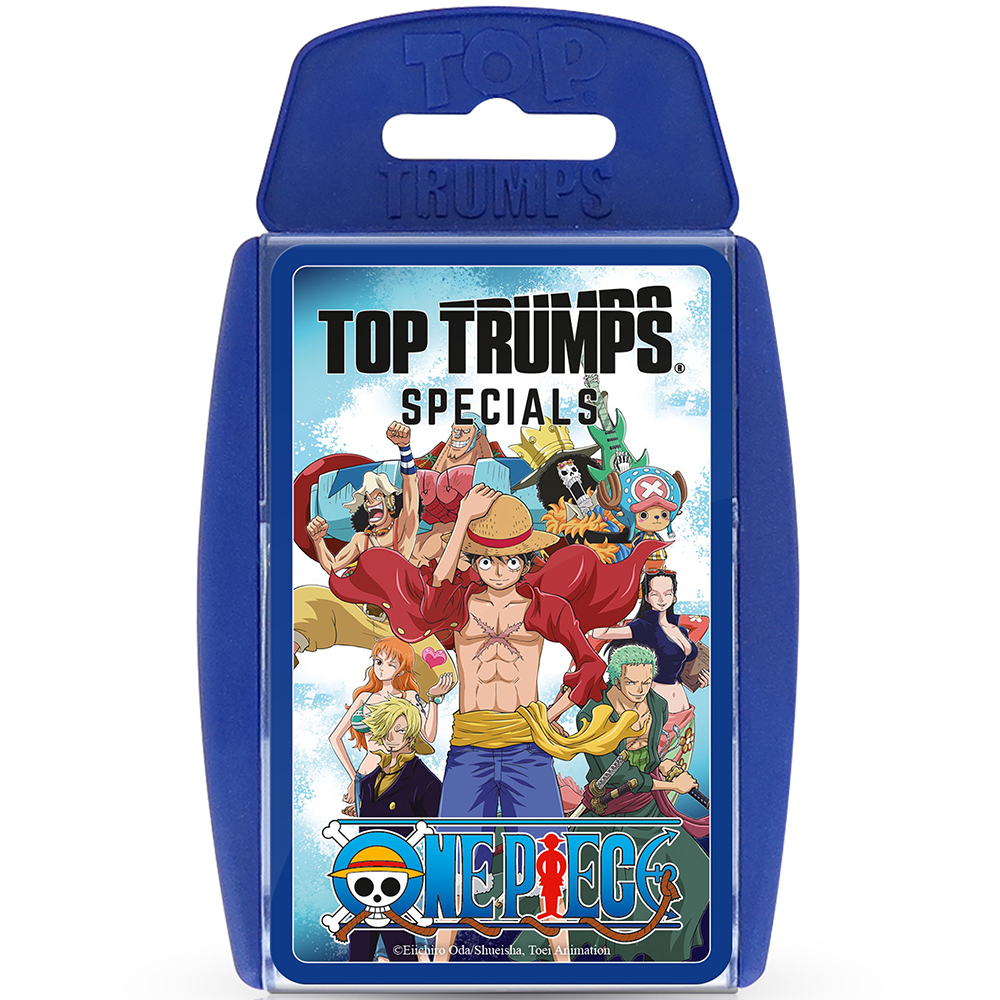Una carta blu Top Trumps Specials con personaggi di One Piece.