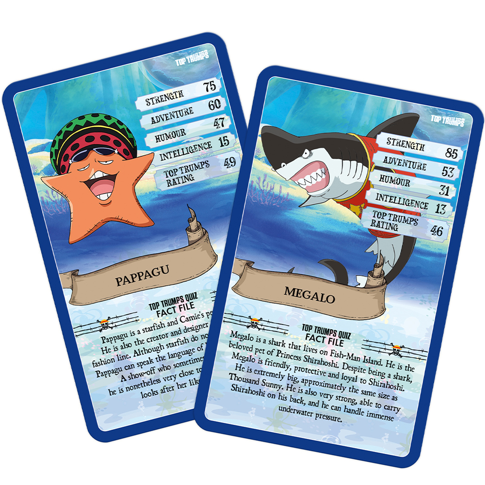 Due carte anime mostrano una stella marina e uno squalo con statistiche.