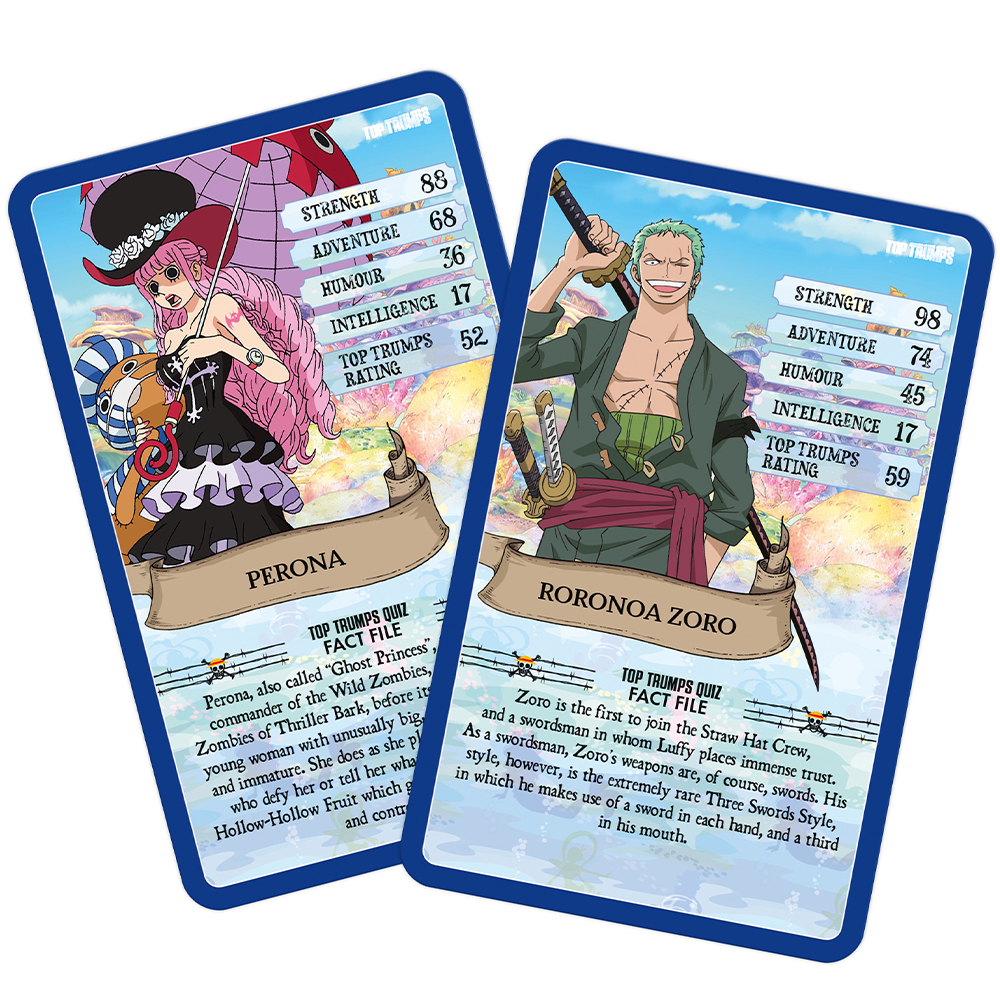 Due carte Top Trumps di One Piece: Perona e Roronoa Zoro con le loro statistiche.