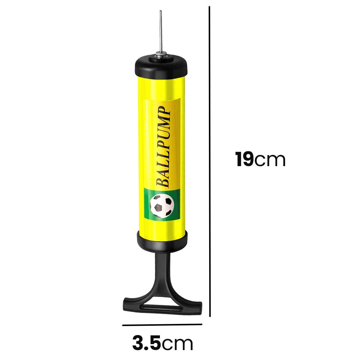 Gelber Ballpumpe mit schwarzem Griff und Nadel. 19cm lang.