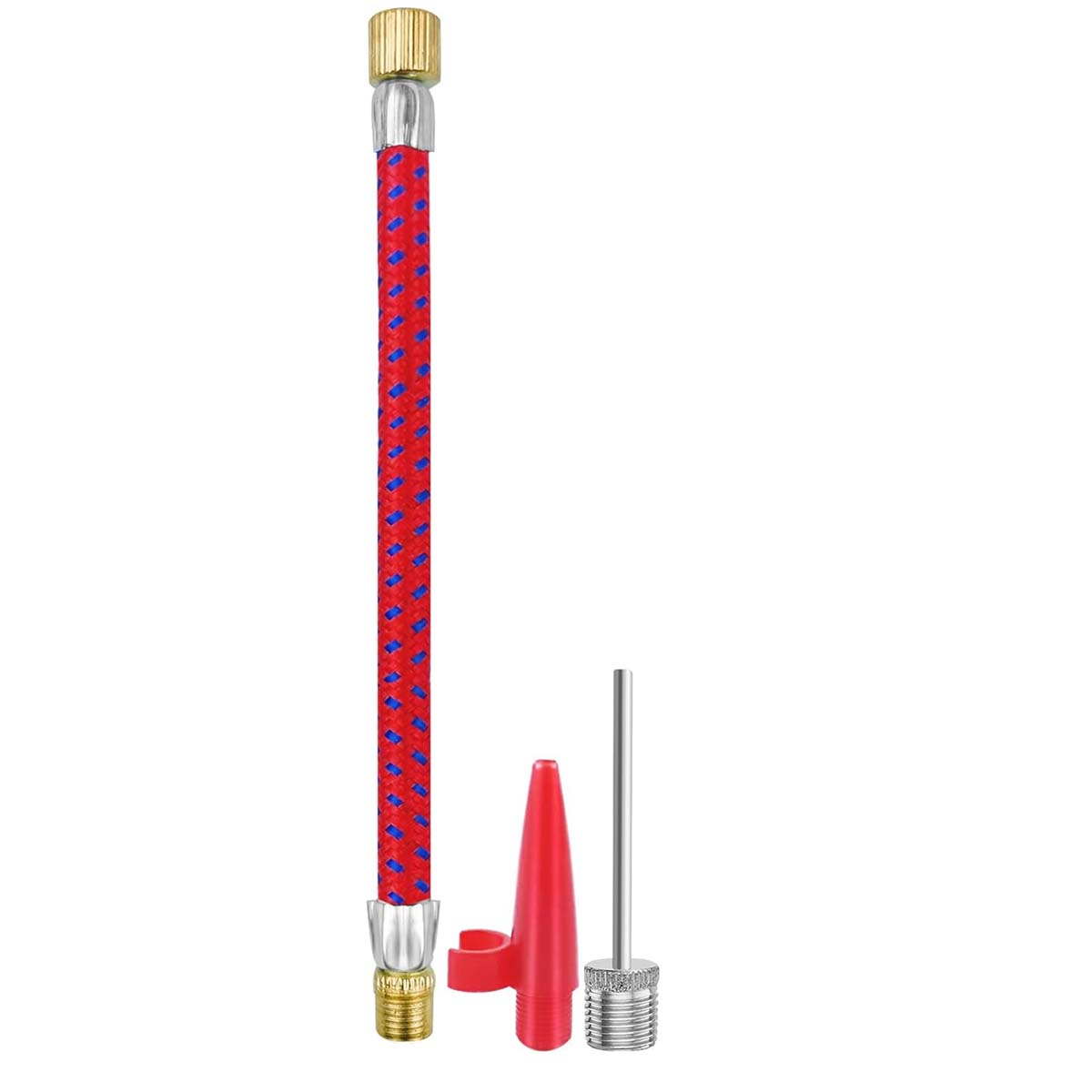 Ein rot-blau geflochtener Schlauch mit Messingbeschlägen, einem roten Kegel und einer Nadel.