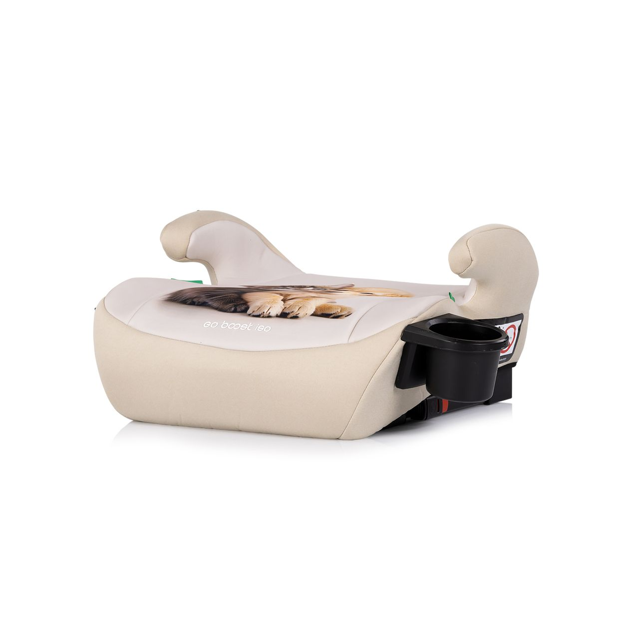 Beige Kindersitz-Erhöhung mit Löwenmotiv und Becherhalter.