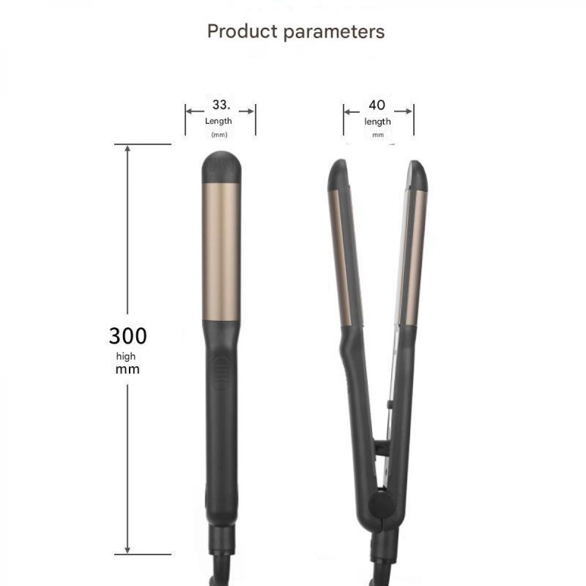 Zwei Haarstyling-Geräte: ein Lockenstab und ein Glätteisen, mit Maßen.