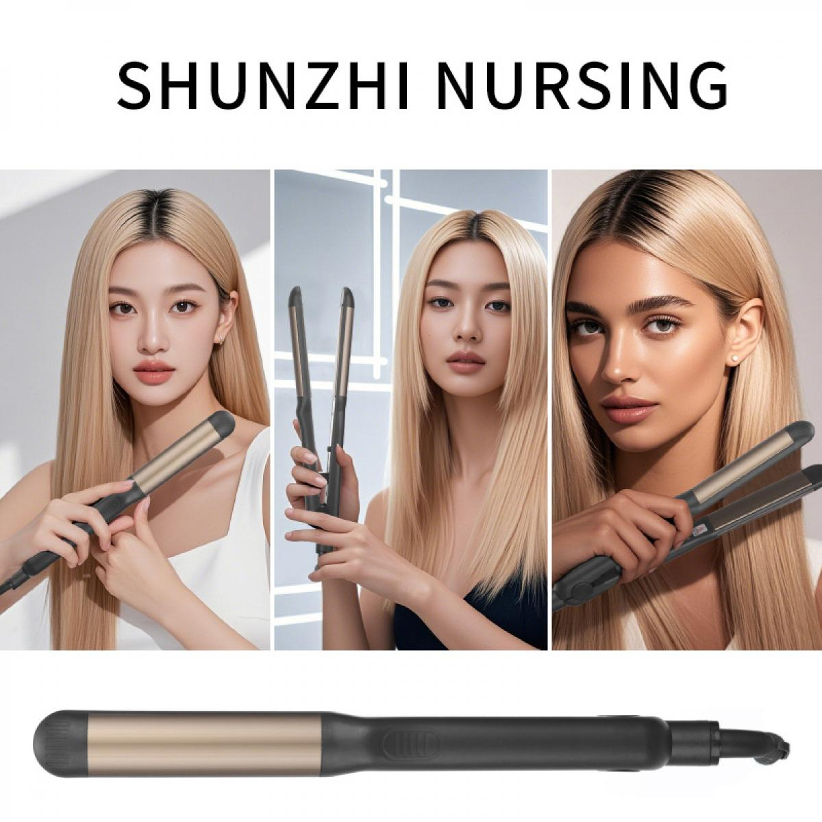 Drei Frauen mit glattem, blondem Haar halten Haarglätter. Unten ist ein Haarglätter.