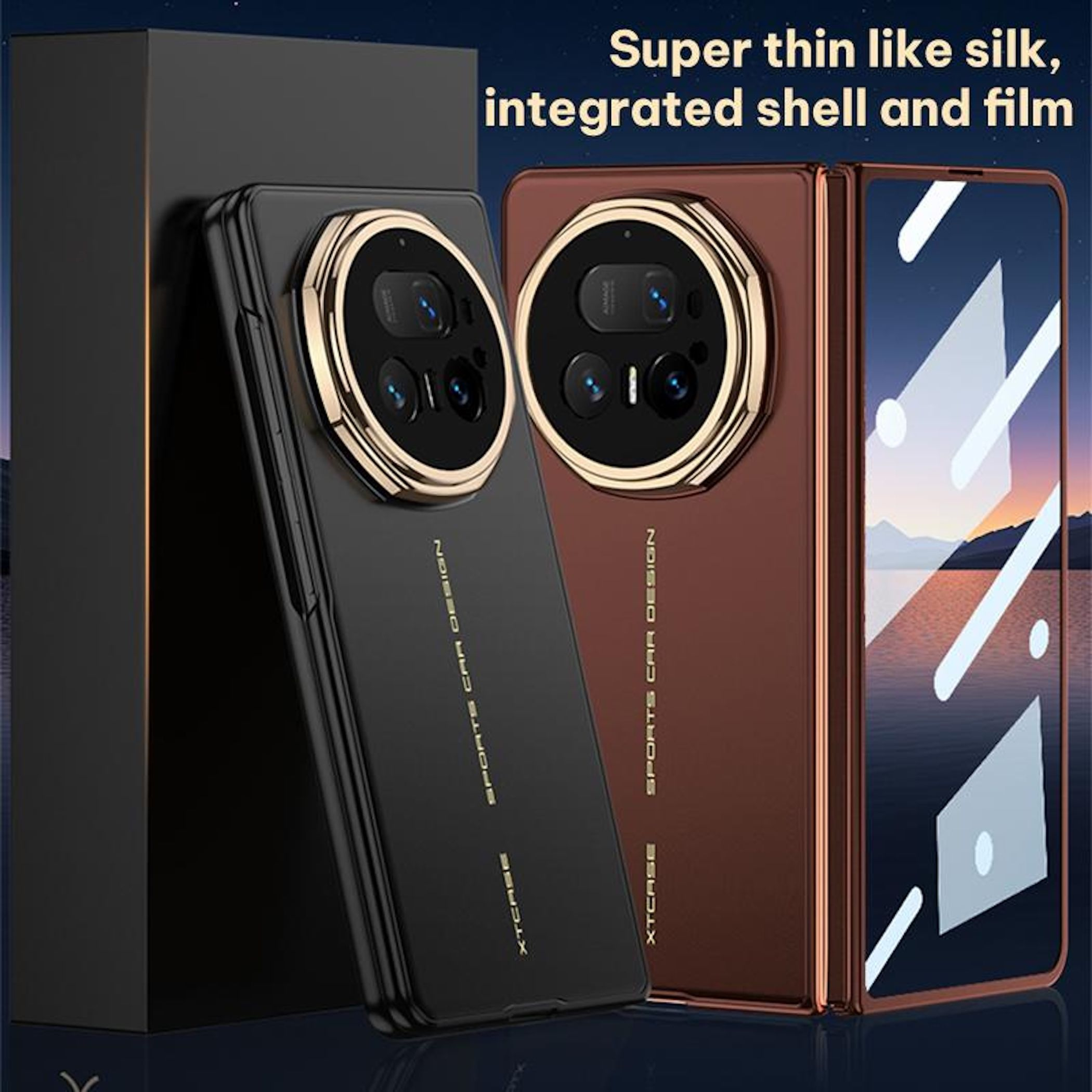 Zwei Smartphones mit runder Kamera. Eines schwarz, eines braun. Auf dem Display ist eine Landschaft.