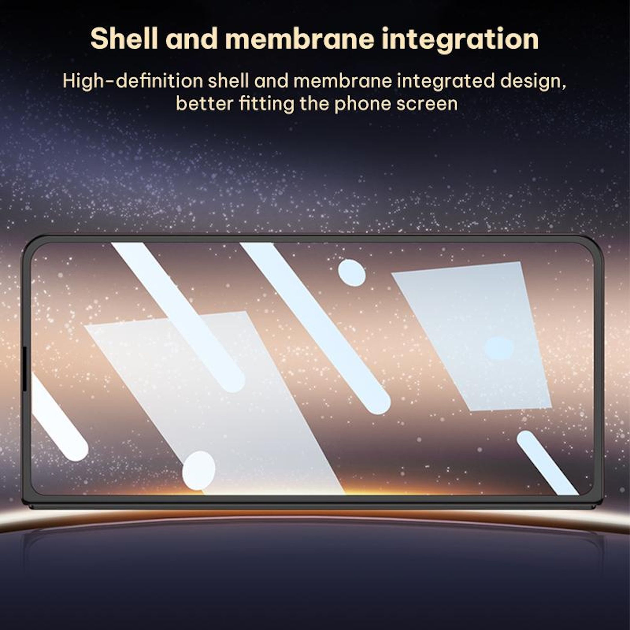 Ein Smartphone-Bildschirm mit abstrakten weißen Formen auf dunklem Hintergrund.