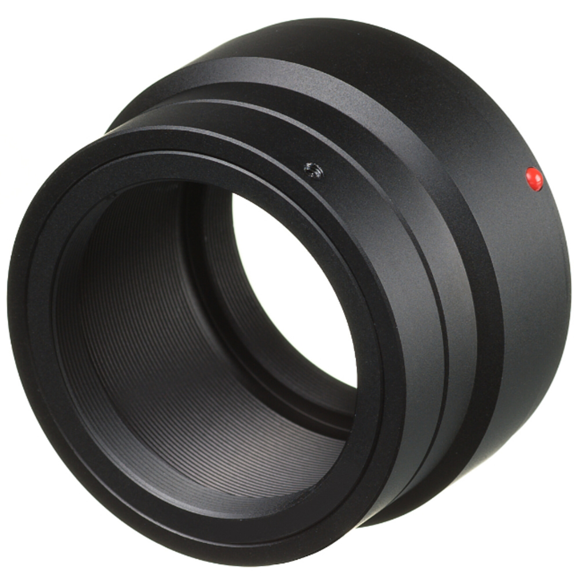 Schwarzer Objektivadapter mit Ringen und einem roten Punkt.