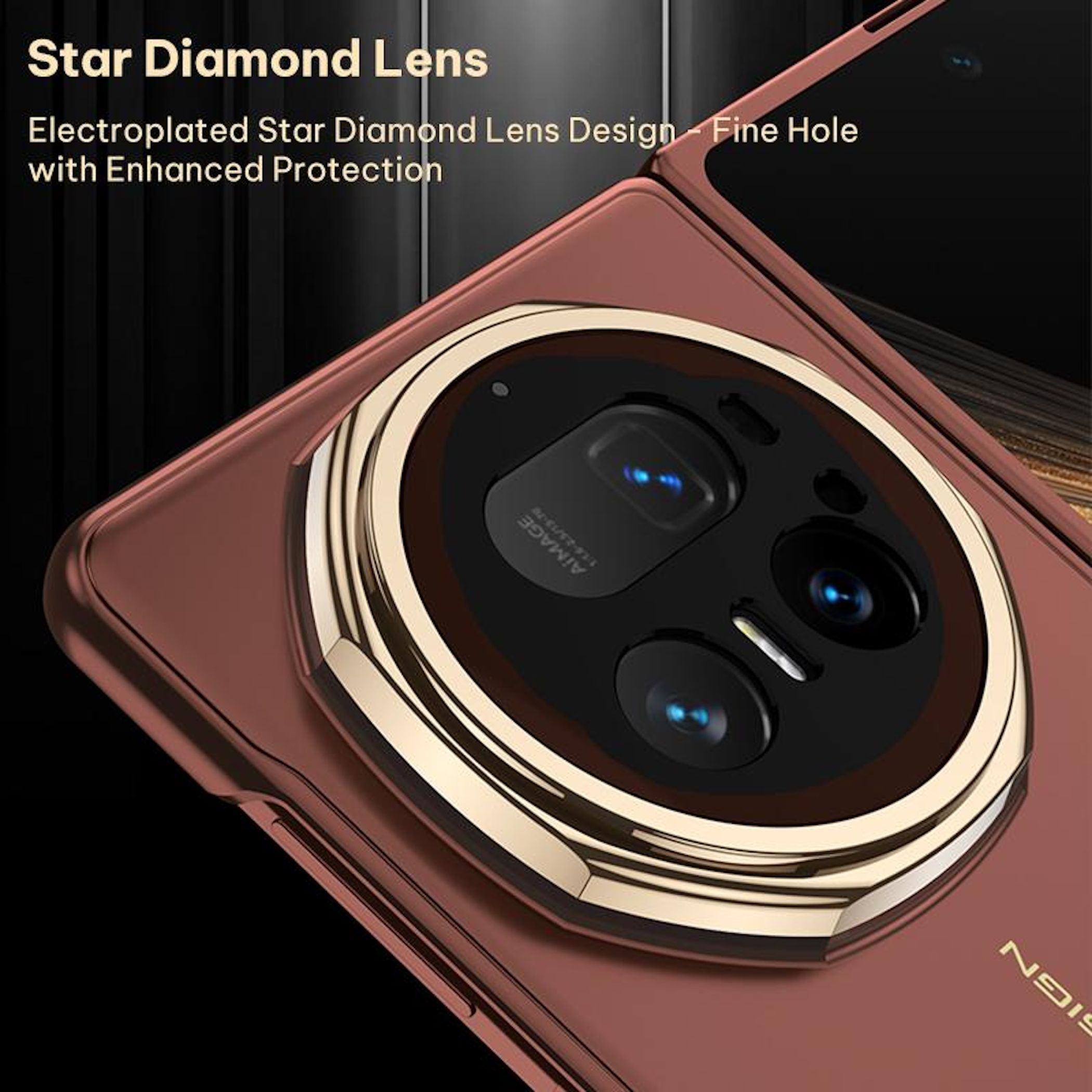 Kupferfarbenes Handy mit Stern-Diamant-Kameralinse und goldenem Rand.