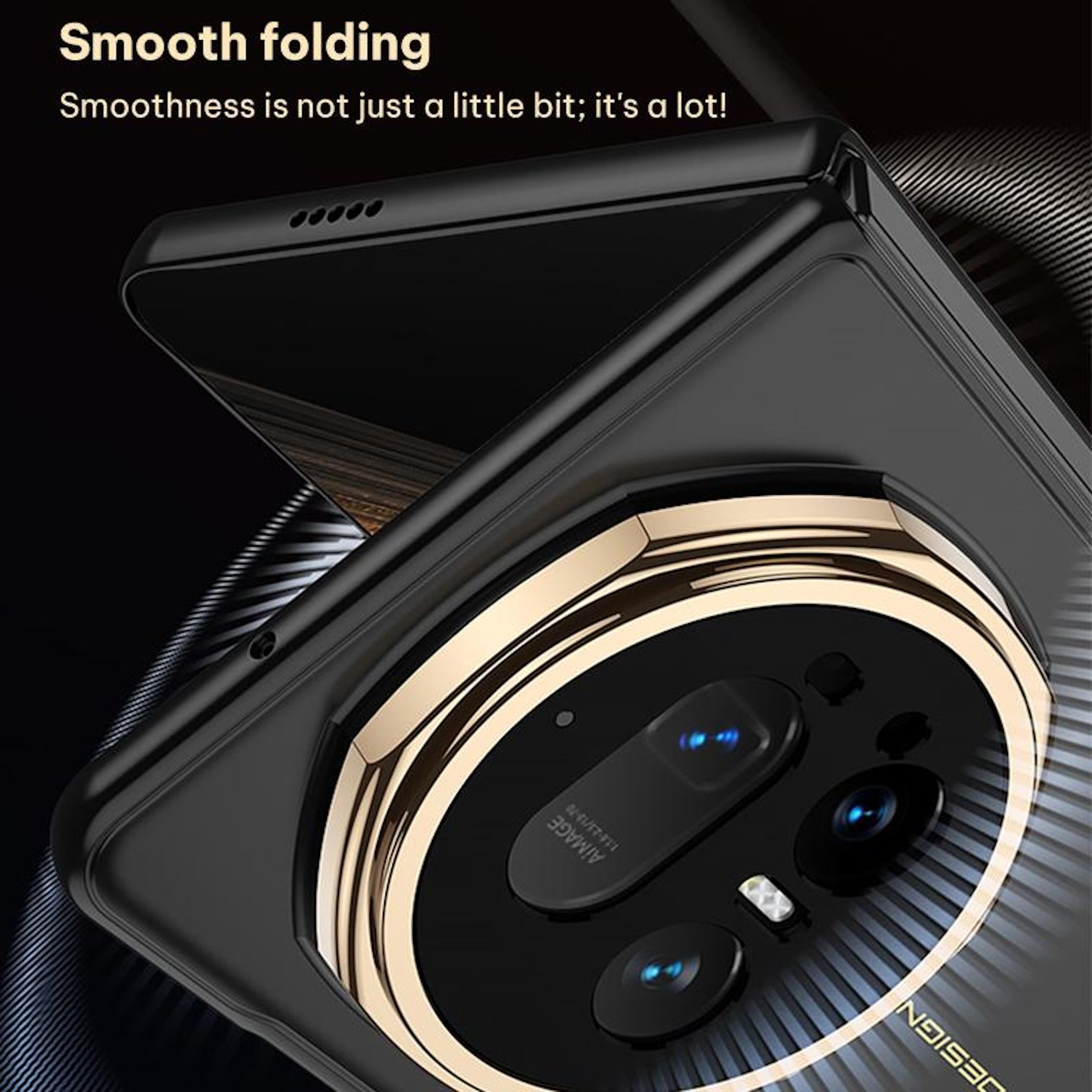 Schwarzes Smartphone mit goldener Kameraeinfassung und Schriftzug.