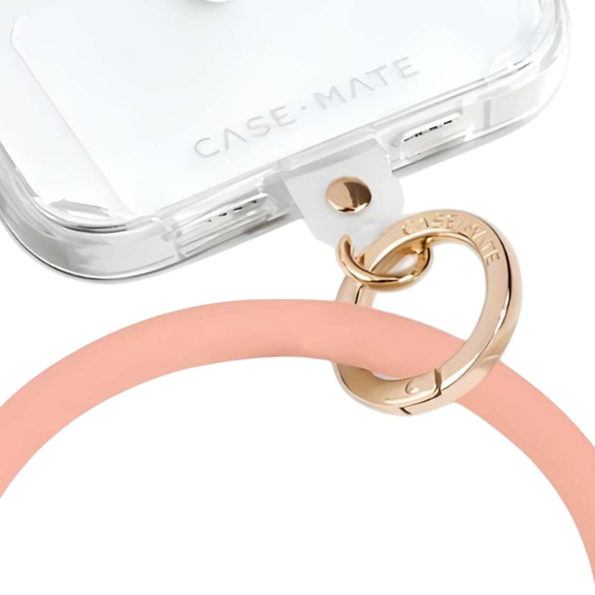 Ein rosafarbener Armband-Griff ist an einer transparenten Handyhülle befestigt.