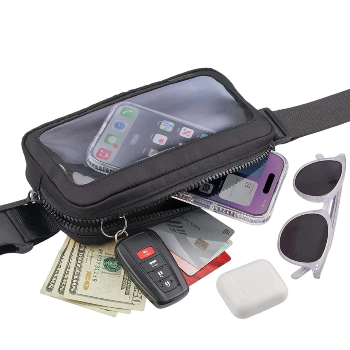 Eine schwarze Bauchtasche mit Handy, Geld, Schlüsseln, Sonnenbrille und AirPods.