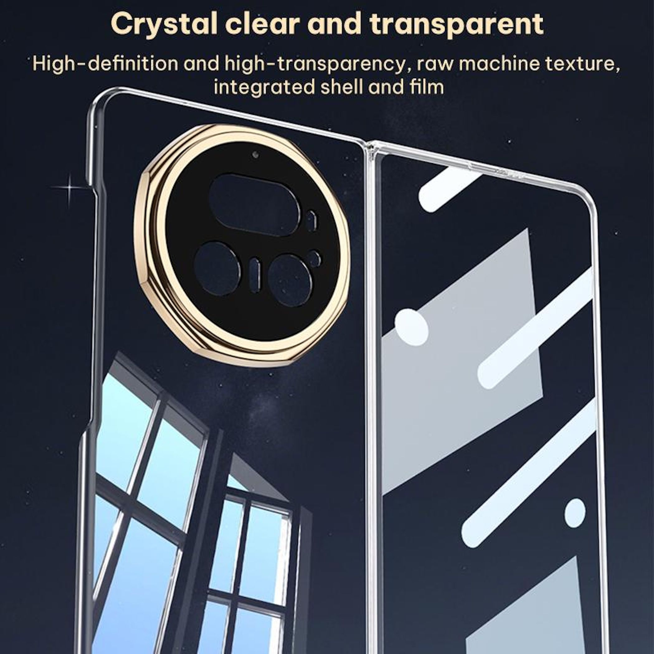 Transparente Handyhülle mit goldenem Kamerarahmen und reflektierenden Mustern.