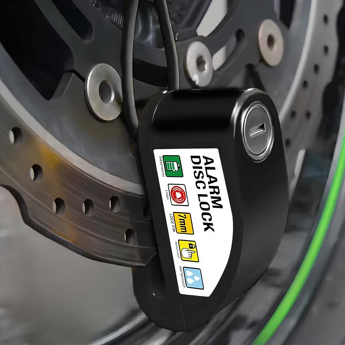 Ein schwarzer Alarm-Scheibenschloss ist am Motorradbremsscheibe befestigt.