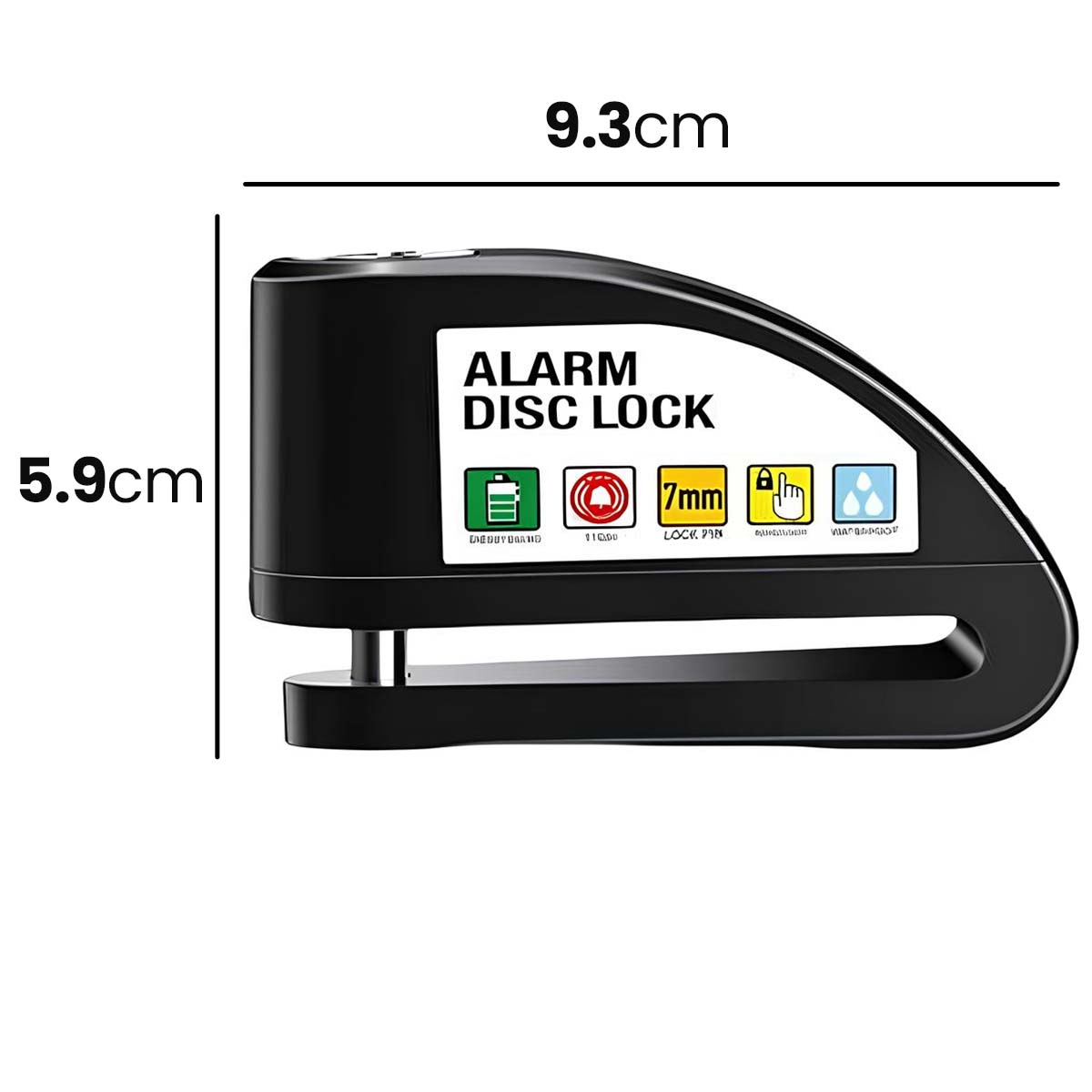 Schwarzes Alarm-Scheibenschloss, 9,3 x 5,9 cm, mit Symbolen für Batterie, Schloss, 7mm Stift, wetterfest.