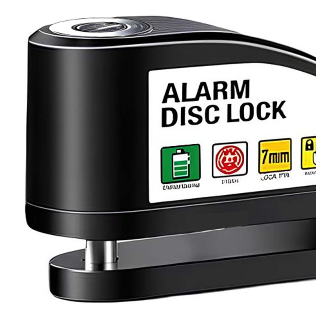 Schwarzes Alarmscheibenschloss mit Batteriesymbol und 7mm Angabe.