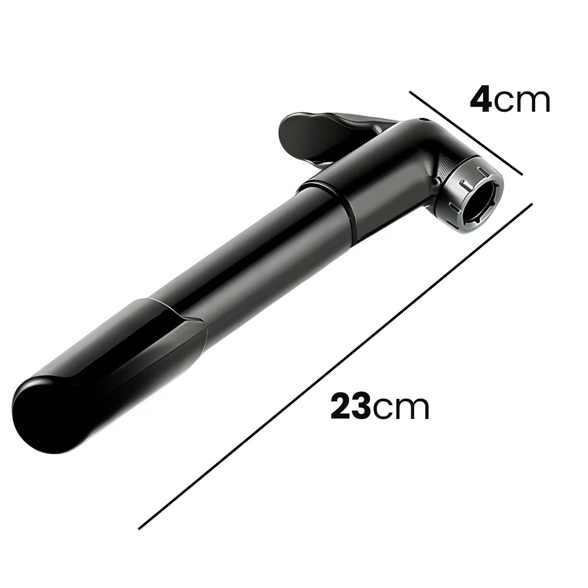 Schwarzer Fahrradpumpengriff mit Längenangaben von 4 cm und 23 cm.