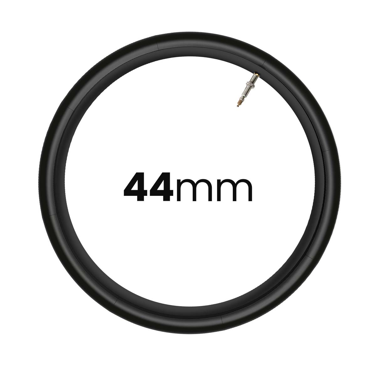 Schwarzer Fahrradschlauch mit Ventil und 44mm Aufschrift.