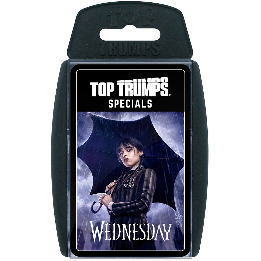 Wednesday tiene un ombrello sotto la pioggia. Top Trumps.