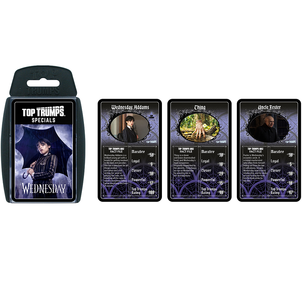 Carte Top Trumps: Wednesday, Thing e Zio Fester. Scatola al centro.