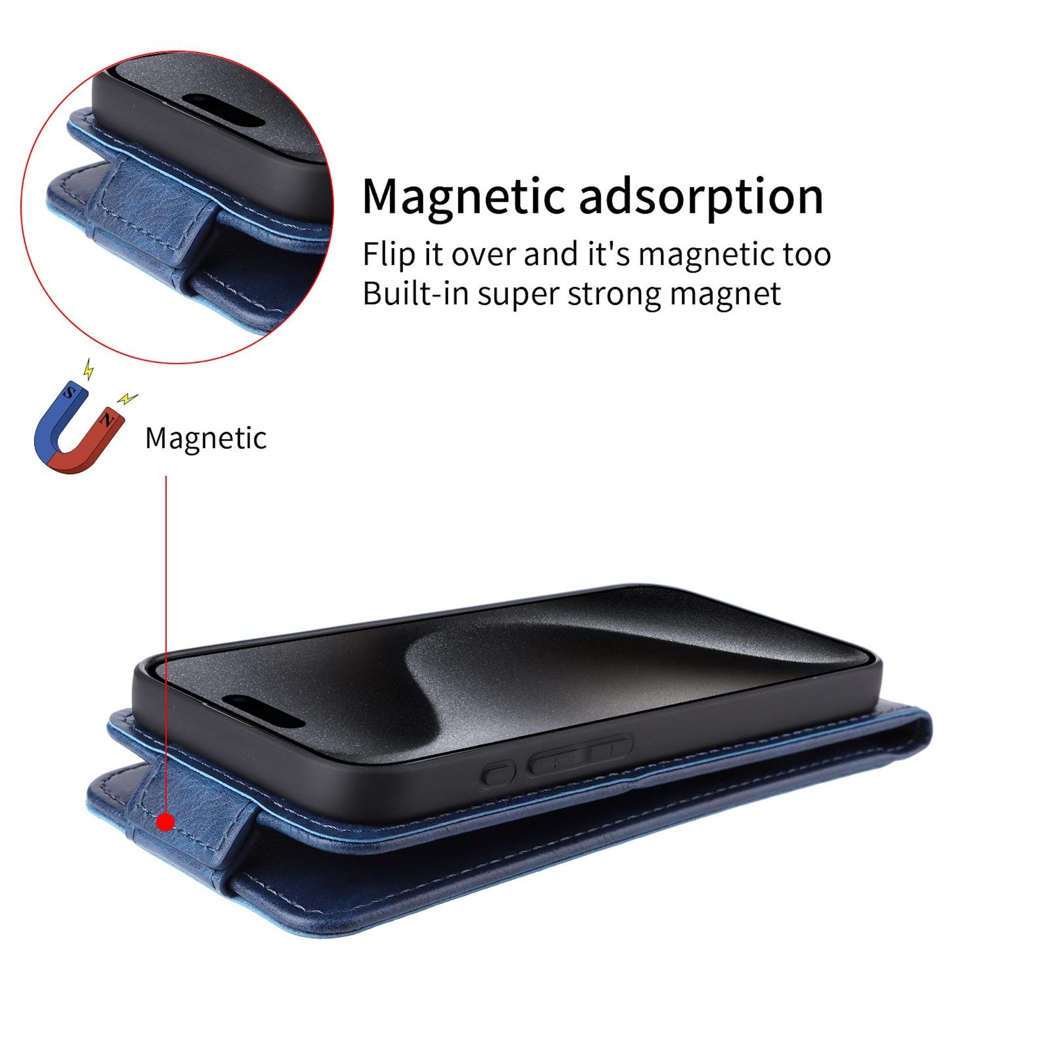 Blauer Leder-Handyhülle mit Magnetverschluss und schwarzem Smartphone.