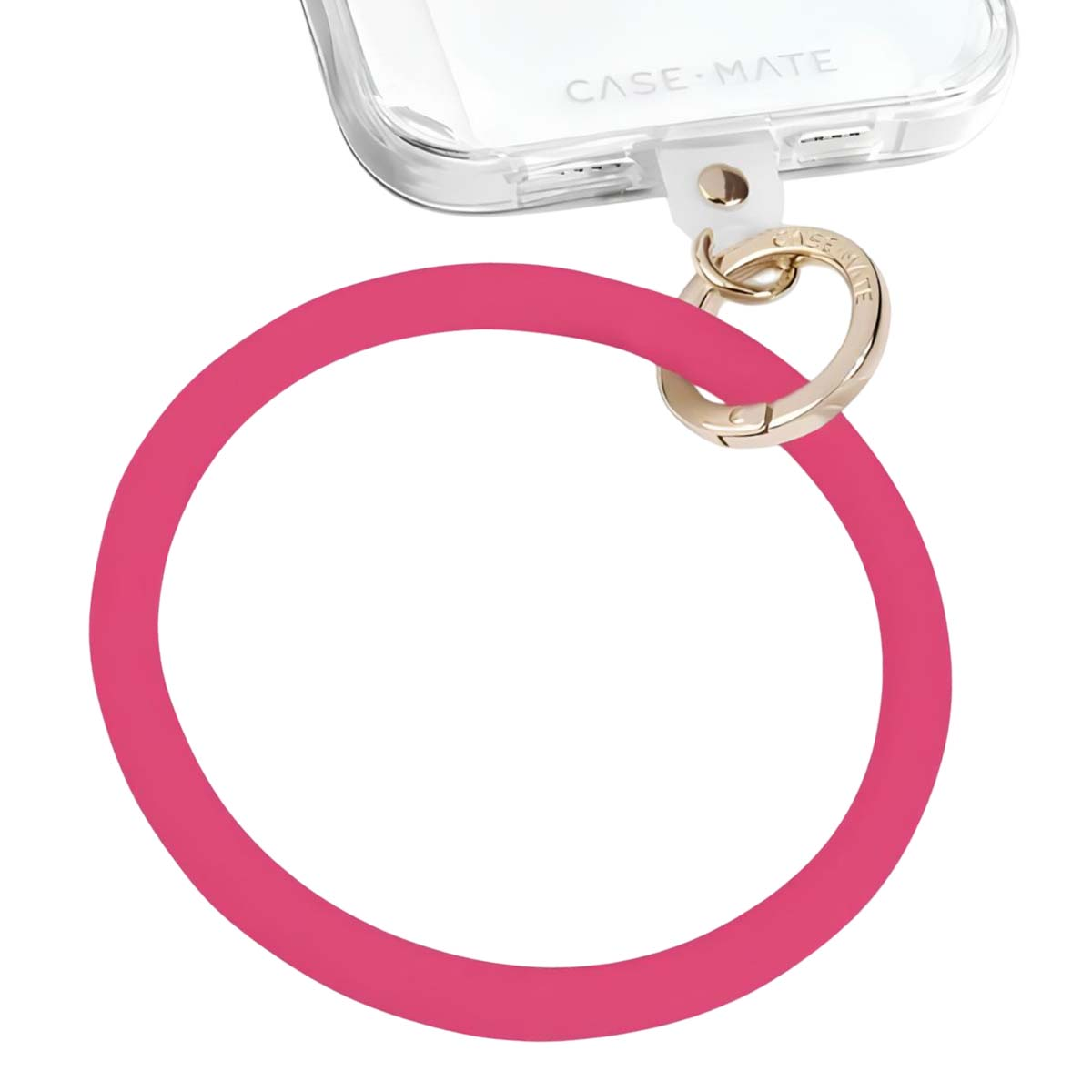 Ein pinker Silikonring ist an einer durchsichtigen Handyhülle mit goldenem Verschluss befestigt.