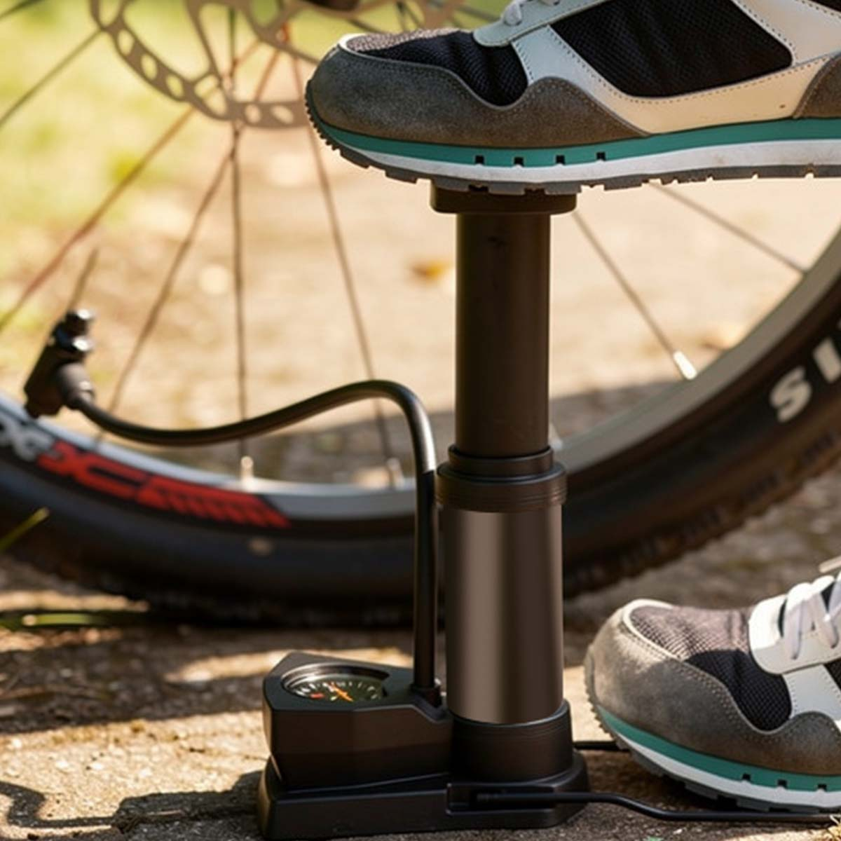 Ein Fahrradreifen mit Luftpumpe und Schuhen im Freien.