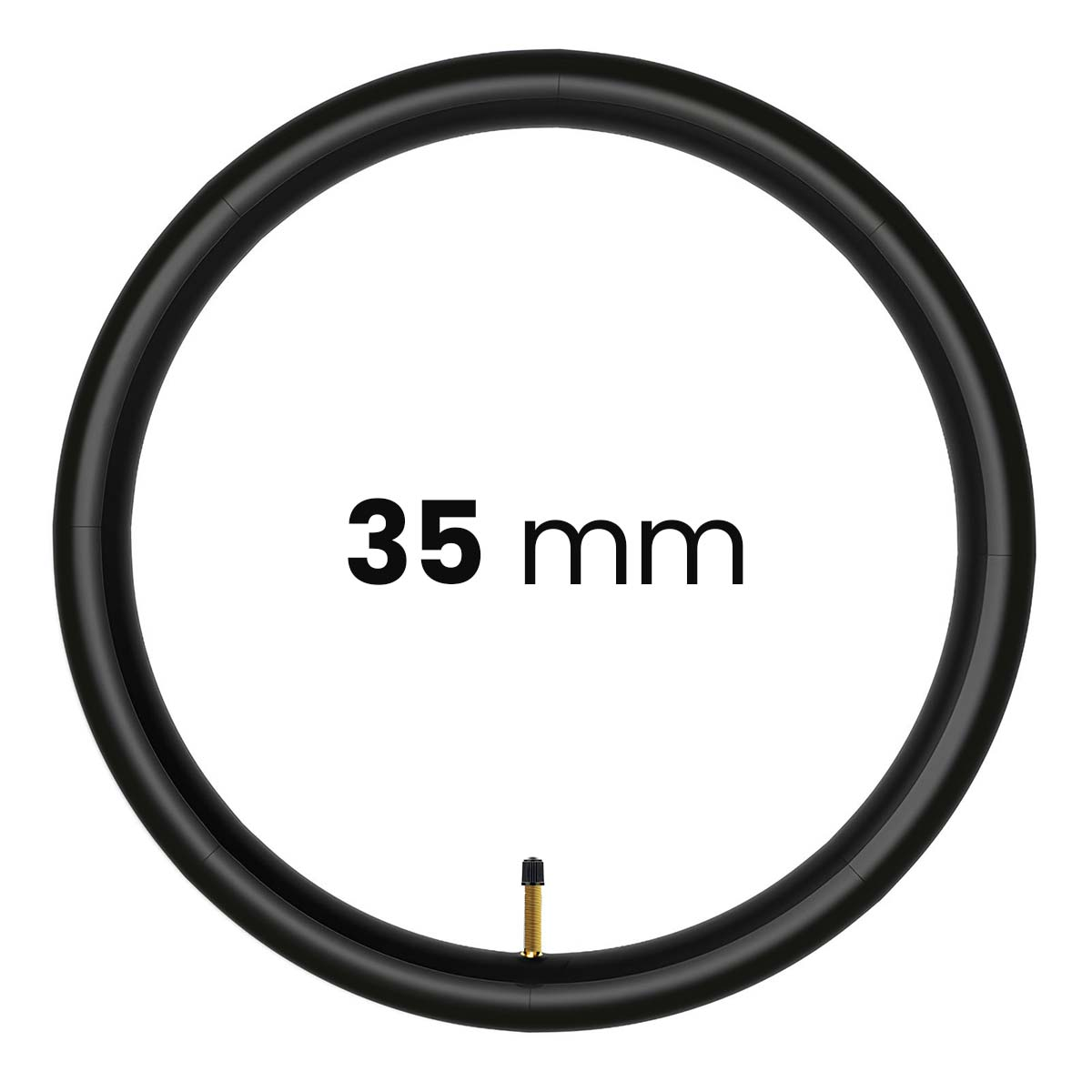 Schwarzer Fahrradschlauch mit Ventil und Aufschrift "35 mm".