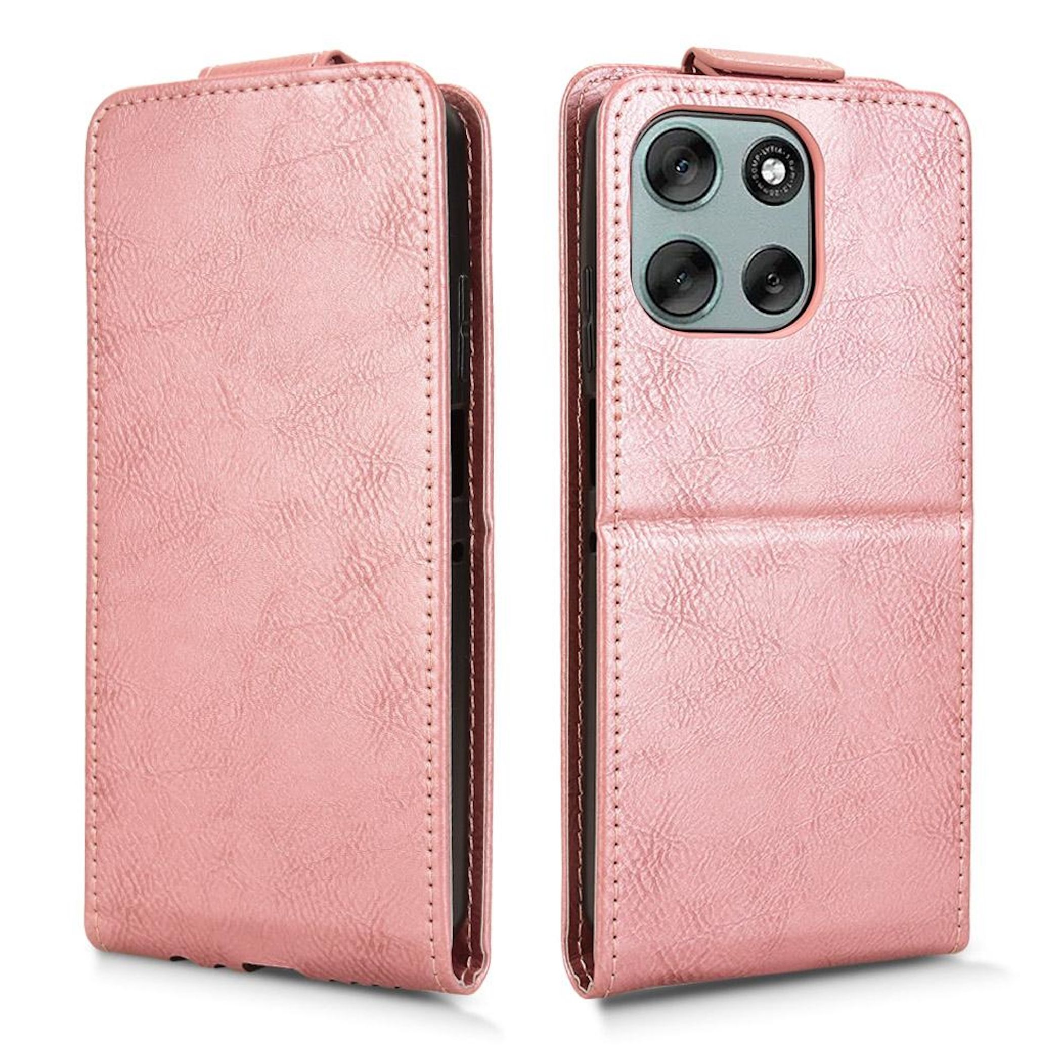 Ein rosafarbener Leder-Flip-Case für ein Smartphone, mit Kameraausschnitt.