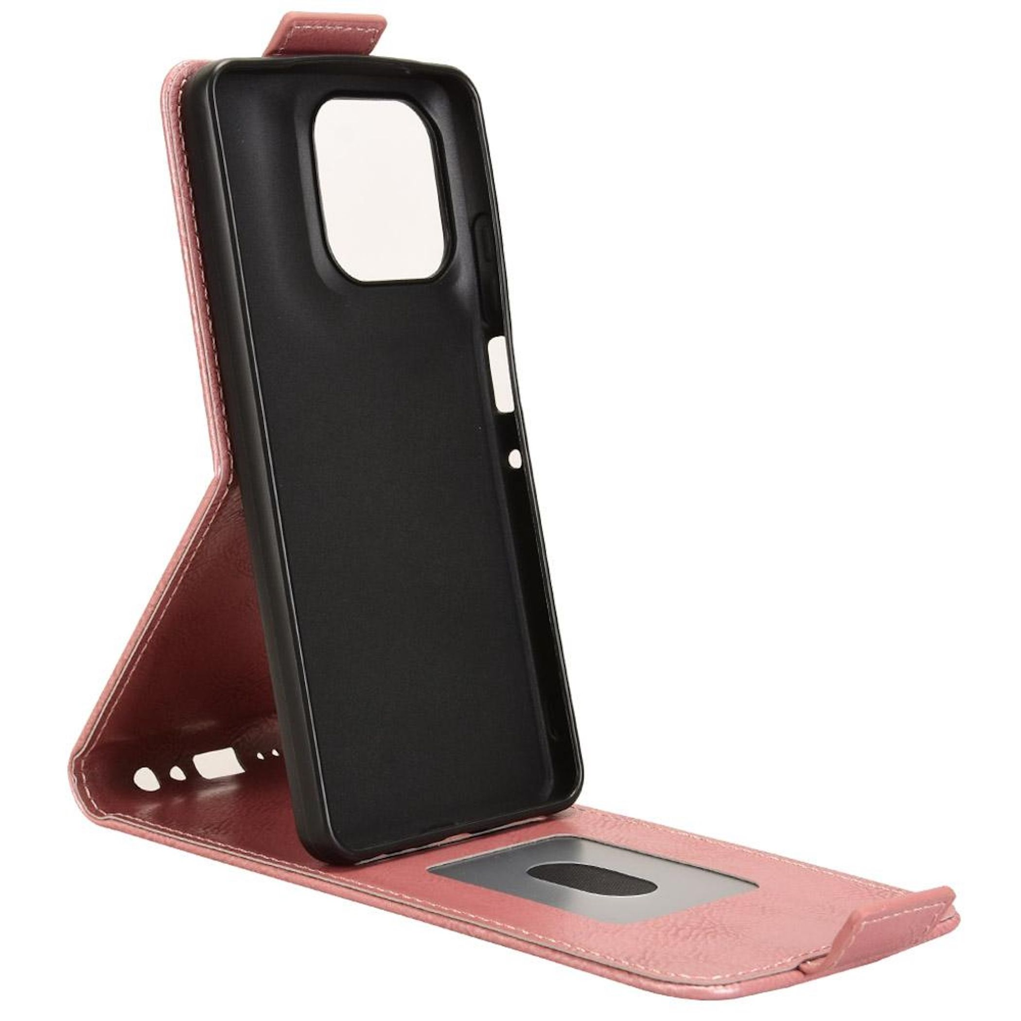 Ein rosafarbener Klappkasten für ein Handy mit schwarzem Einsatz.