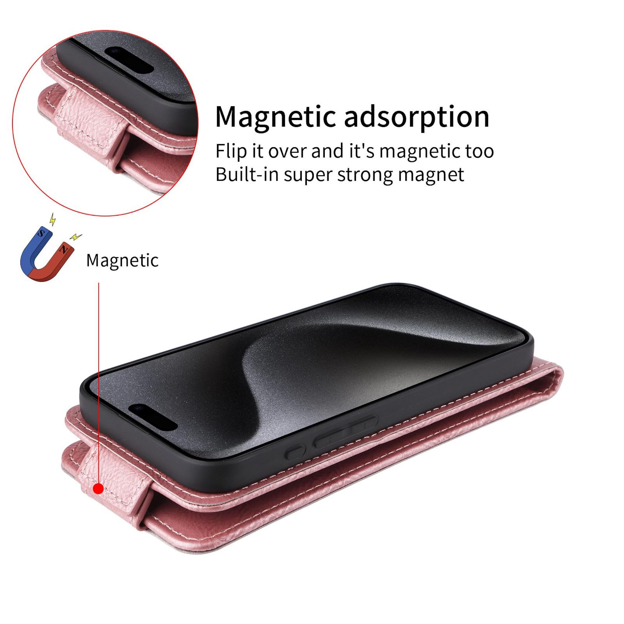 Ein rosafarbenes Handycover mit Magnetverschluss und einem roten Magneten.