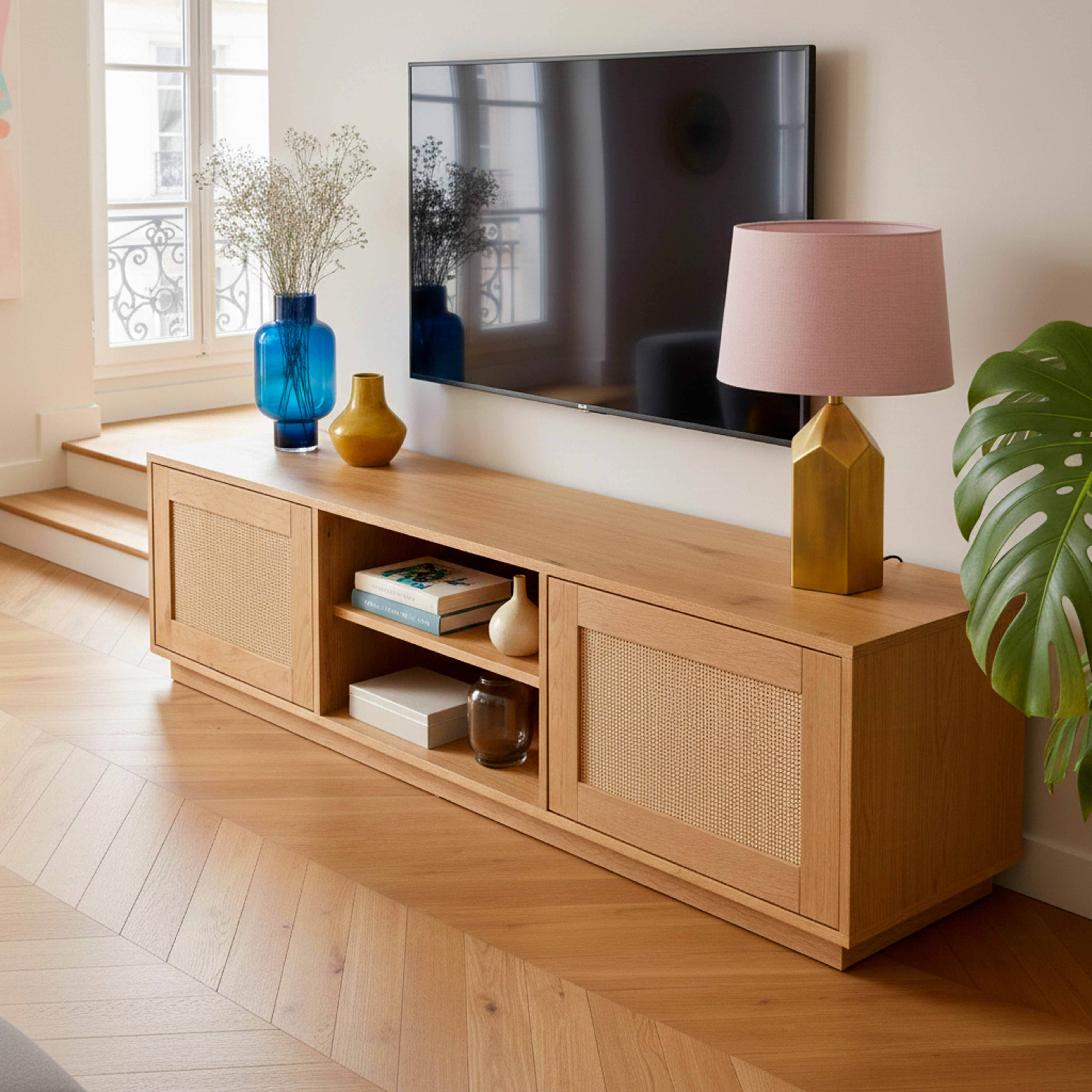Ein hölzernes Lowboard mit geflochtenen Türen, davor ein Fernseher und eine Lampe.