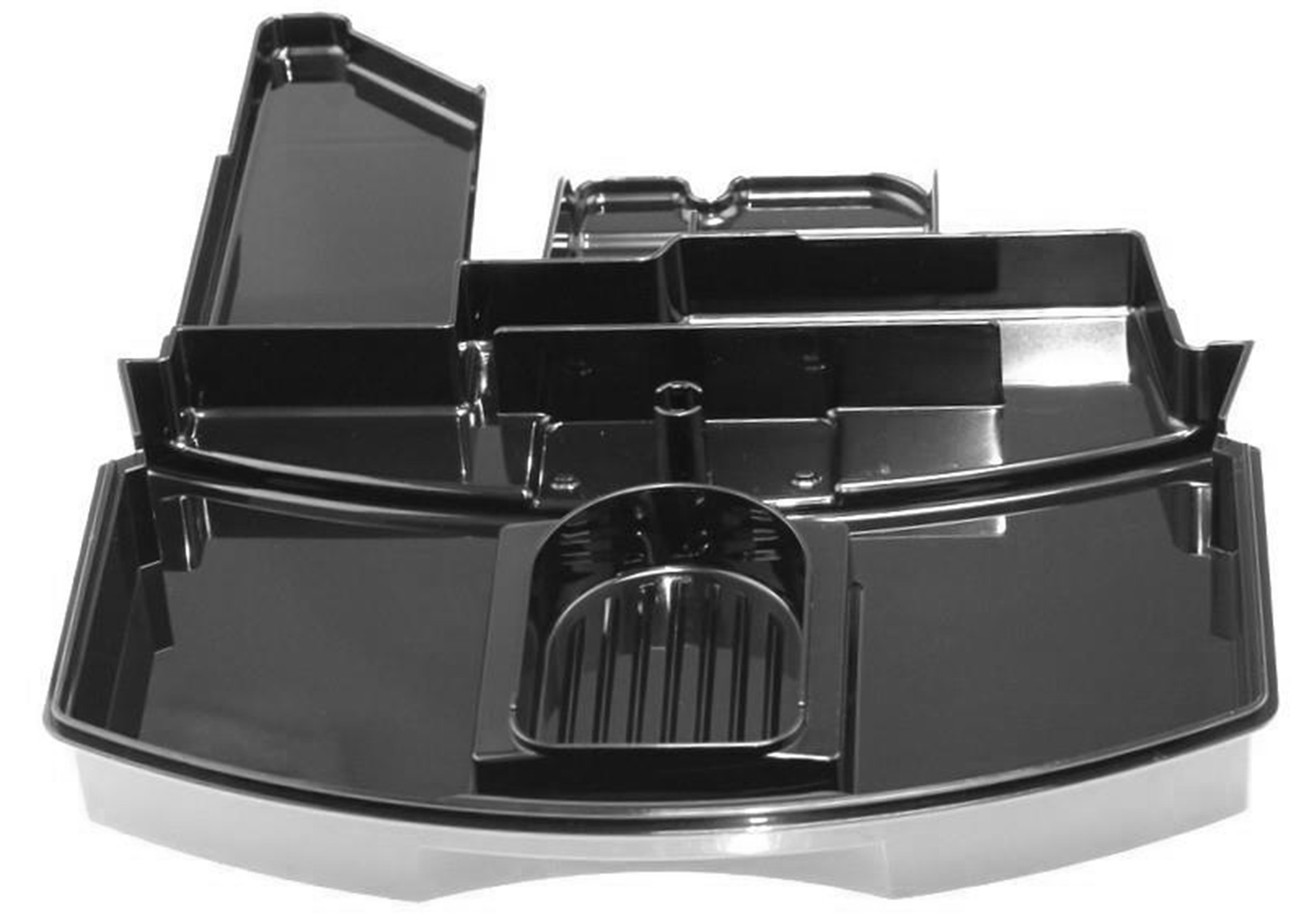Schwarzer Plastikbehälter mit mehreren Fächern und einem Grill.