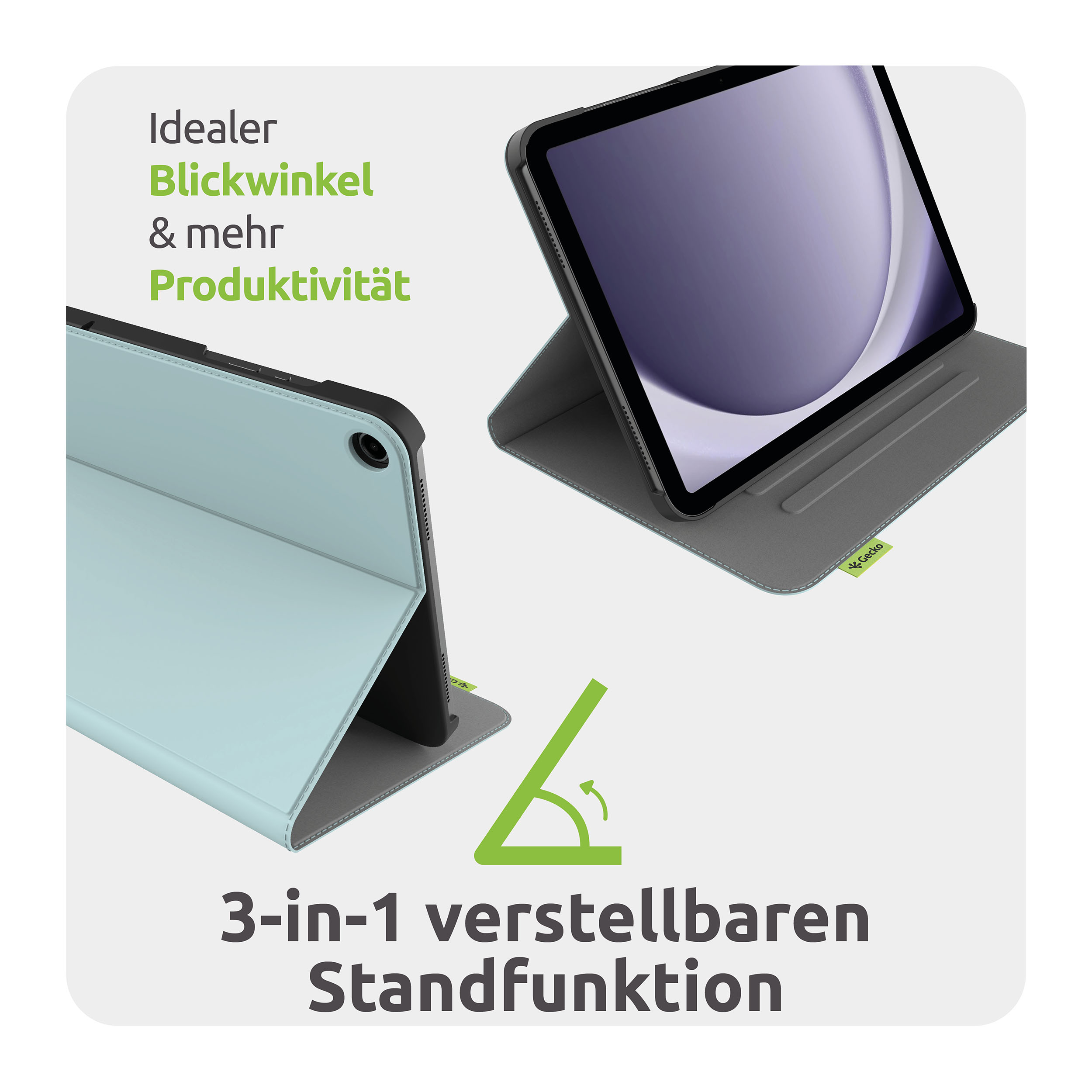 Ein hellblaues Tablet mit Hülle in zwei Positionen, ideal für die Produktivität.