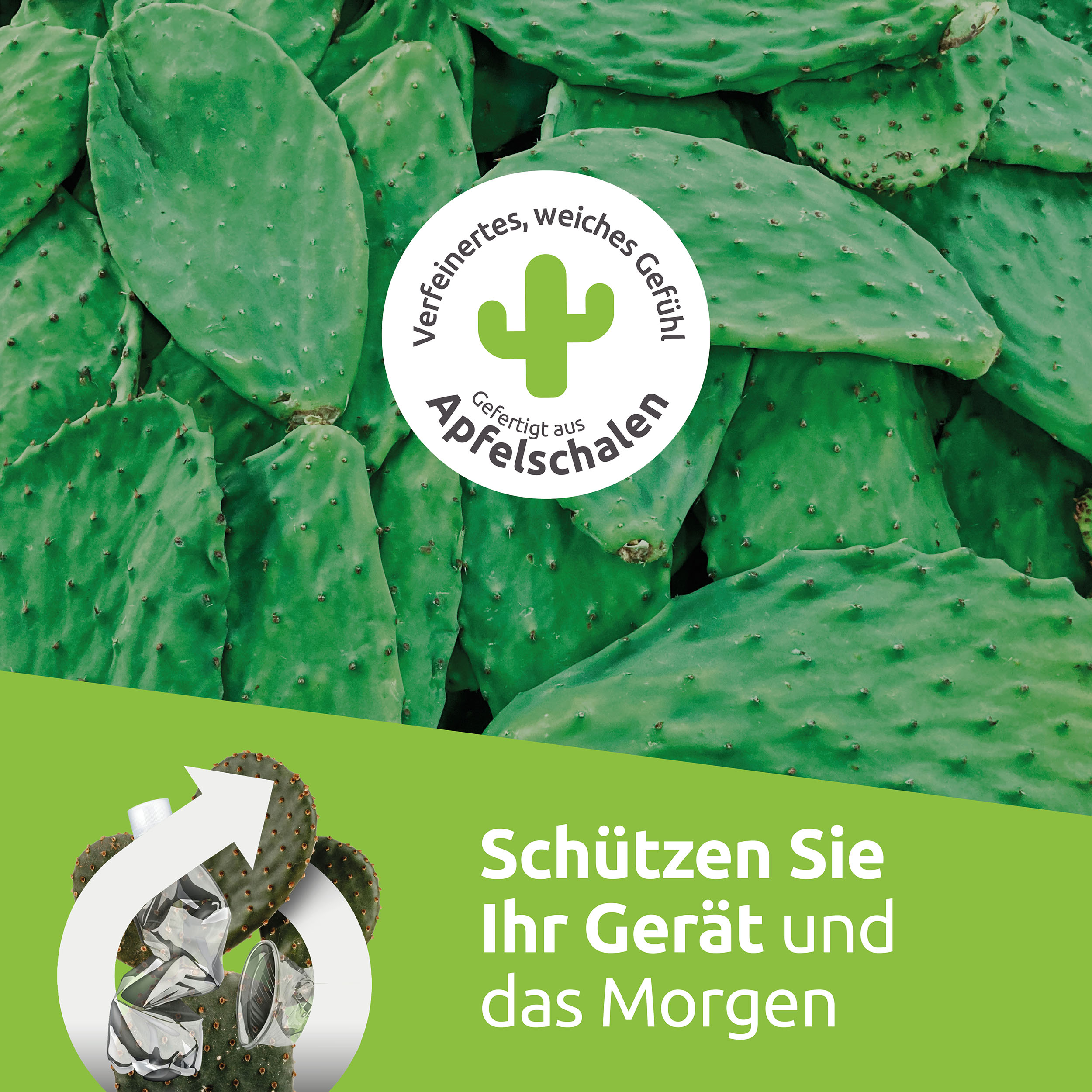 Grüne Kaktusblätter mit einem Kreis aus zerknülltem Plastik und Text.