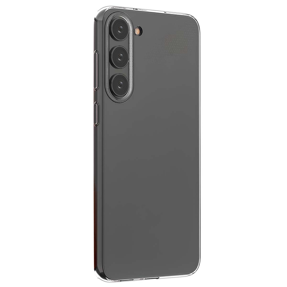 Retro di uno smartphone grigio in custodia trasparente con tre fotocamere.