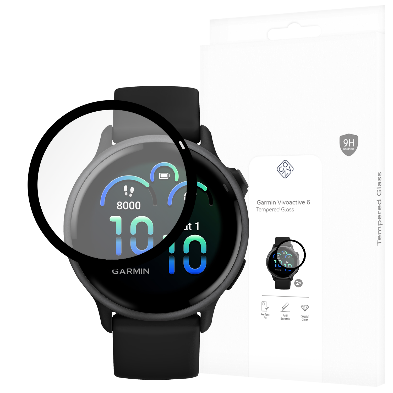 Eine Nahaufnahme einer Garmin Vivoactive 6 Smartwatch mit einem Displayschutz im Fokus.