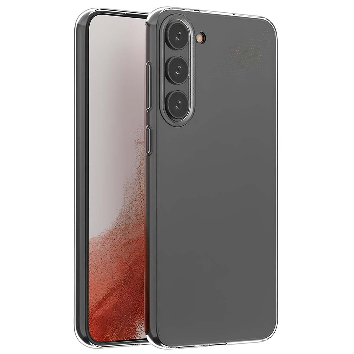 Custodia trasparente con tre fotocamere su uno smartphone.