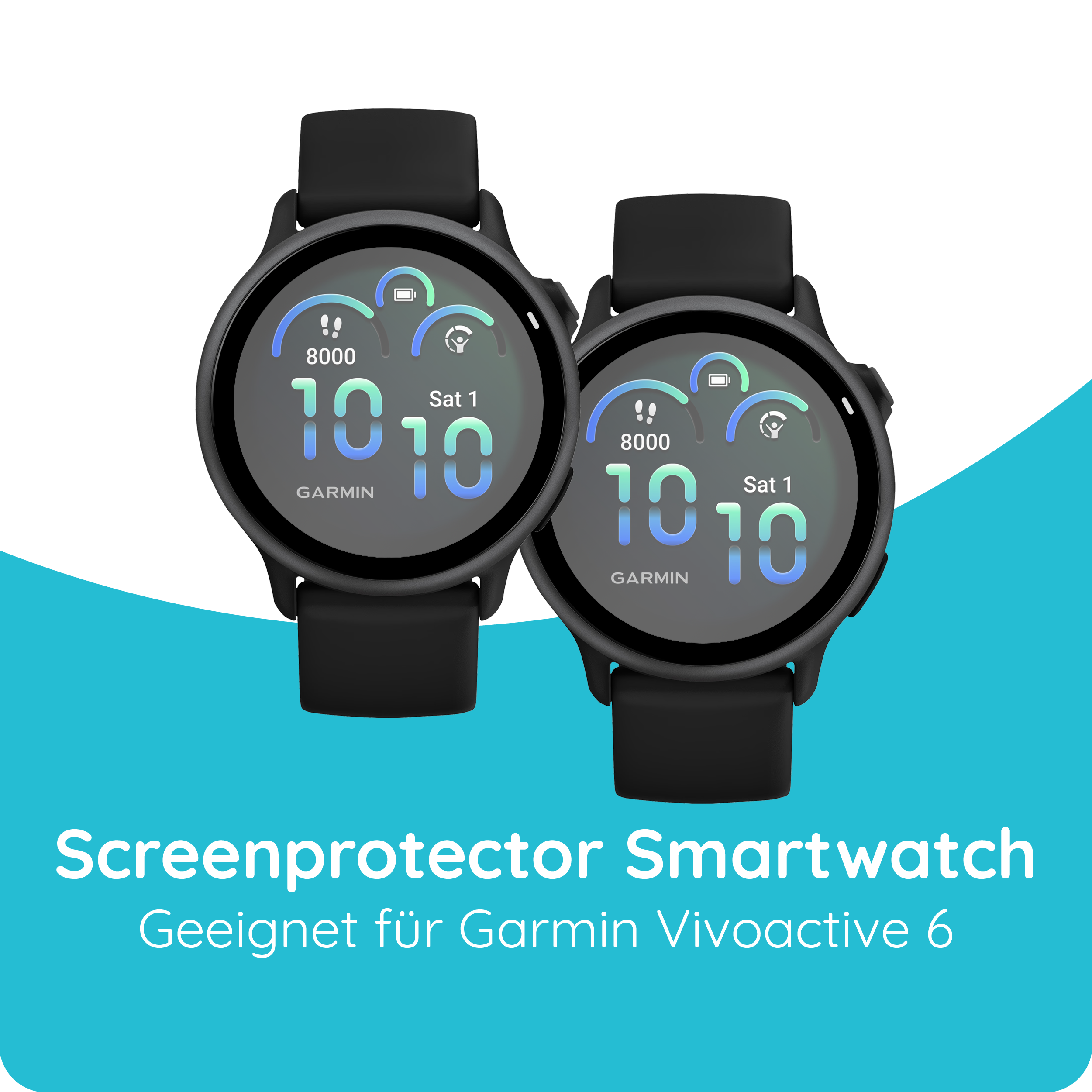 Zwei schwarze Garmin Smartwatches mit Displays, die Schritte und Uhrzeit anzeigen.