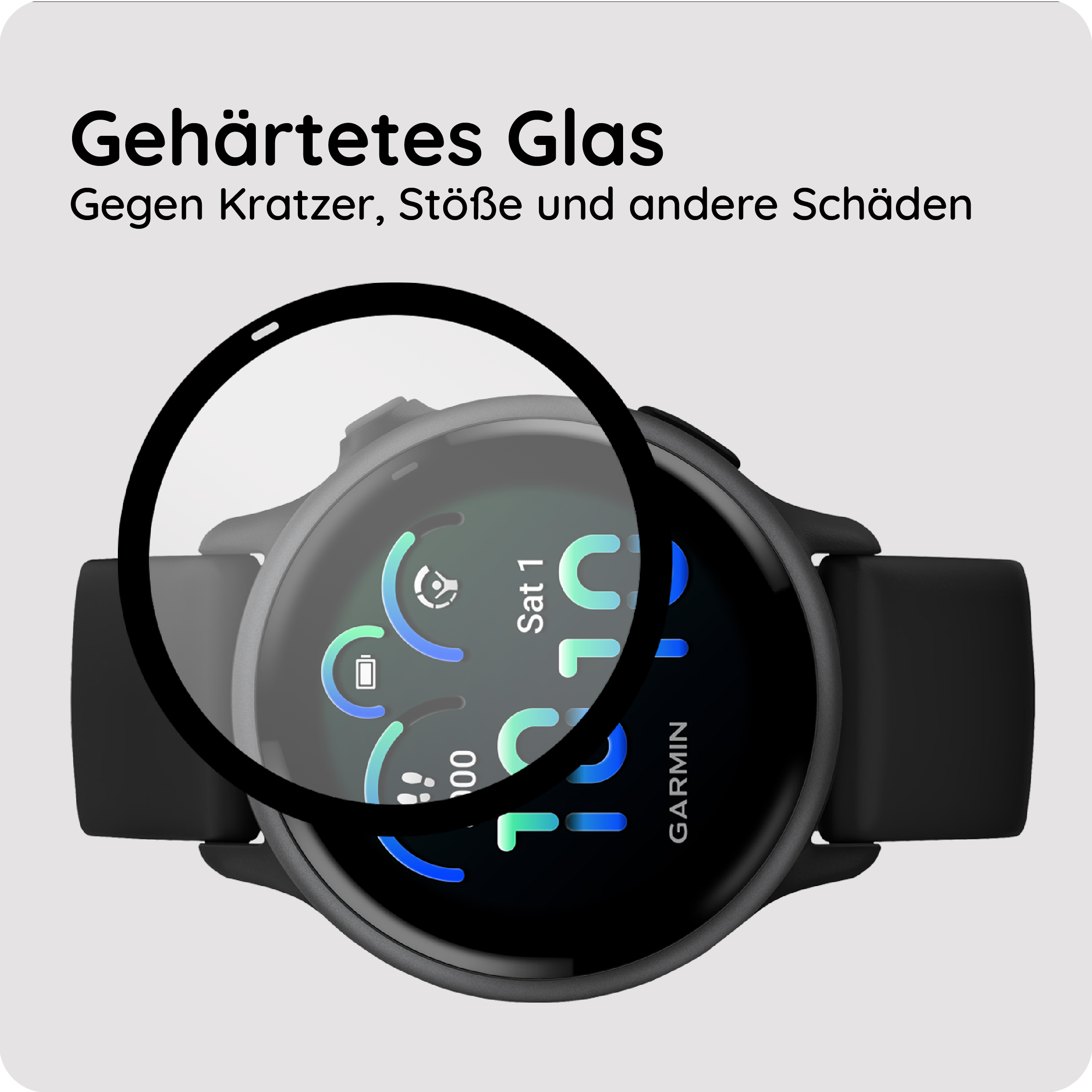 Ein schwarzes Schutzglas bedeckt ein Garmin Smartwatch-Display mit bunten Widgets.