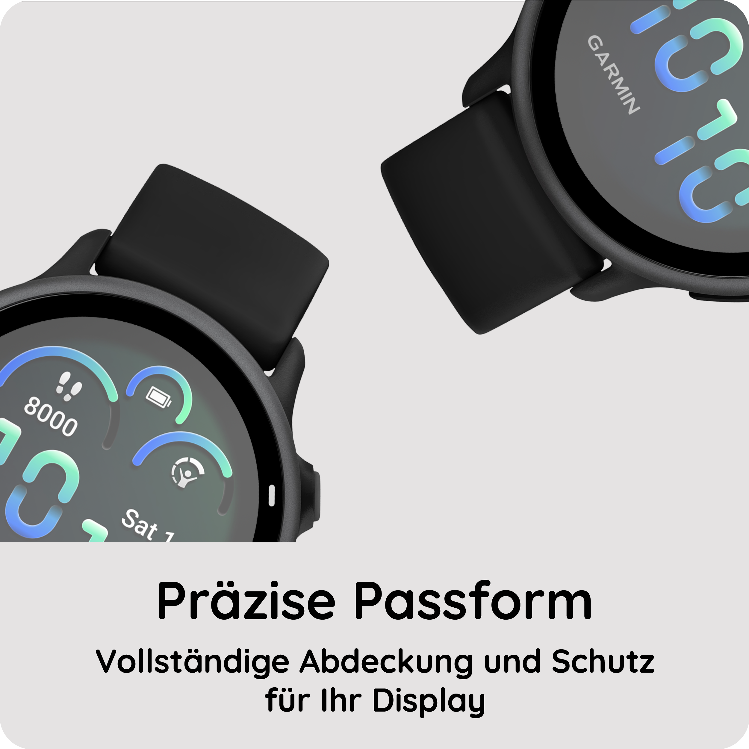 Zwei schwarze Garmin Uhren mit bunten Zifferblättern. Text: Präzise Passform